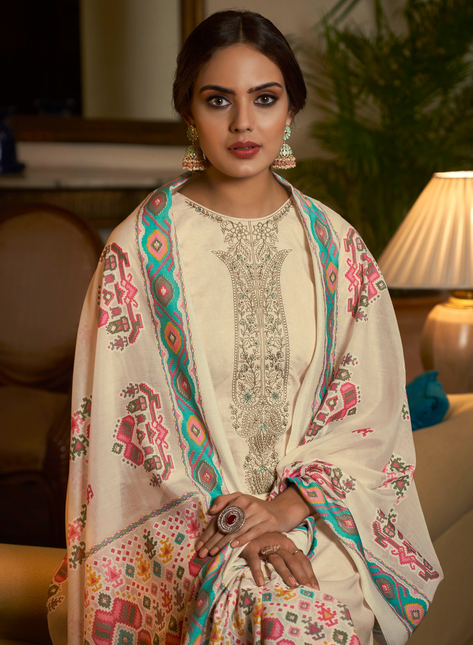 Cream Embroidered Cambric Cotton Straight Salwar Suit — alternate view