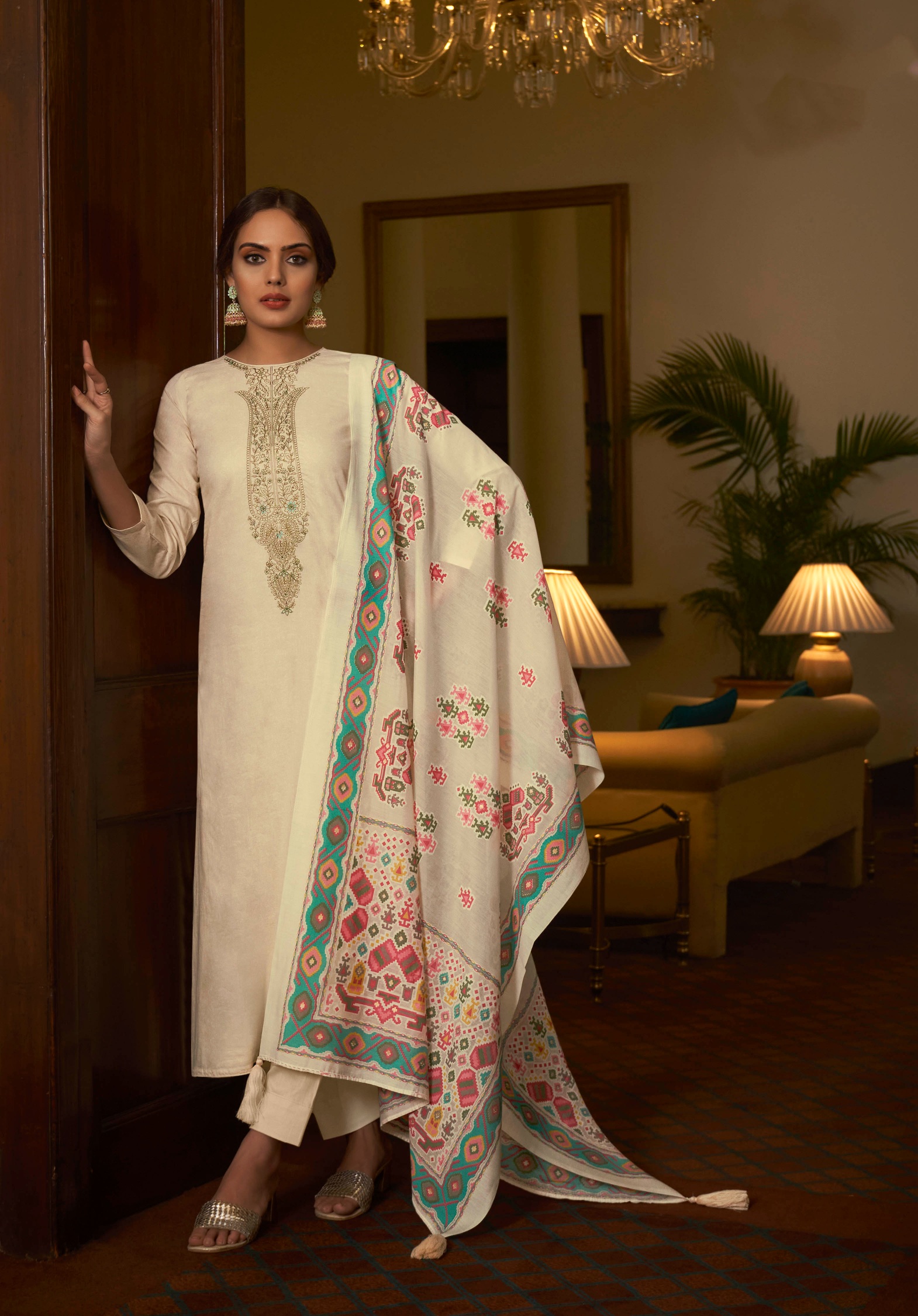 Cream Embroidered Cambric Cotton Straight Salwar Suit