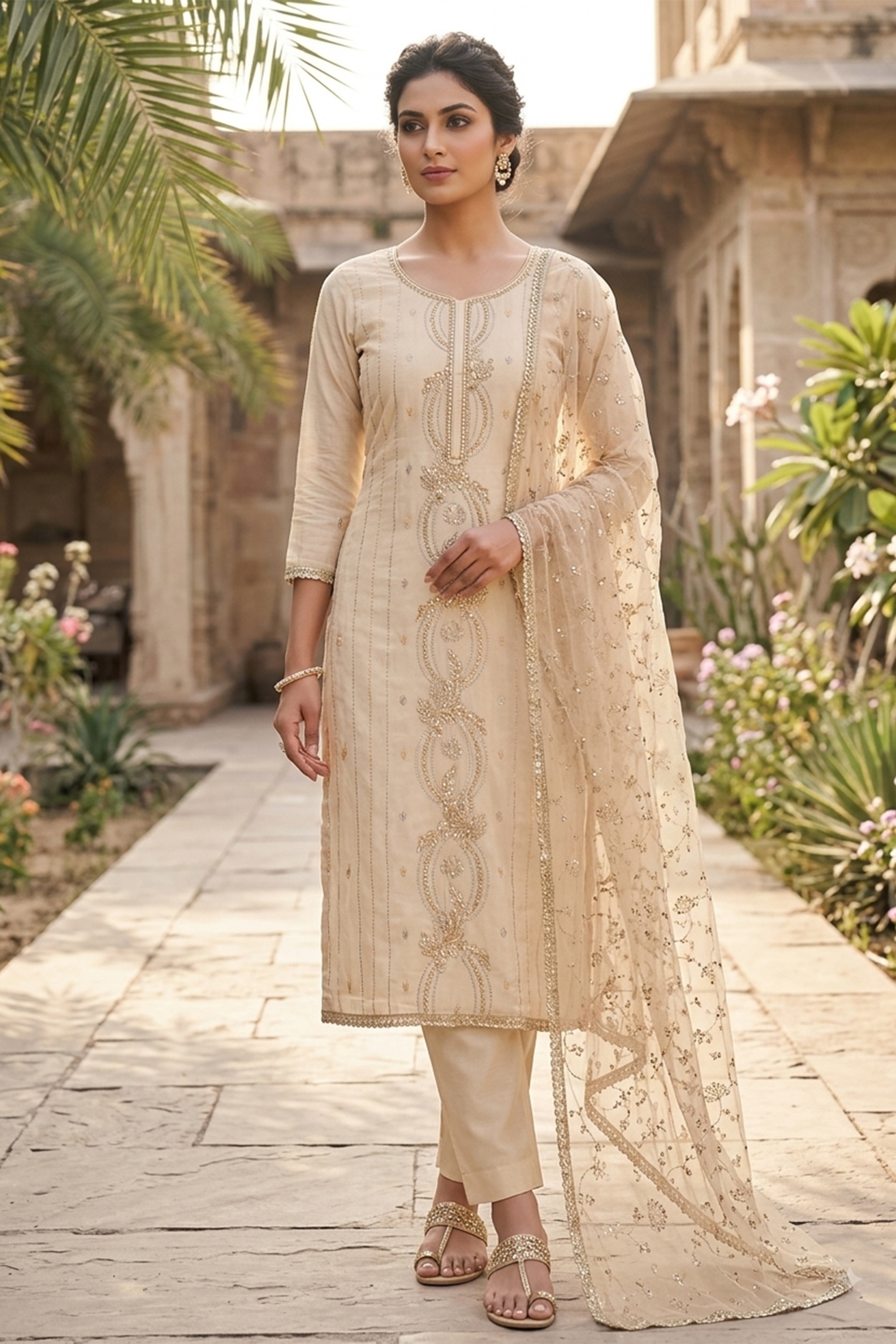 Cream Embroidered Chanderi Straight Suit