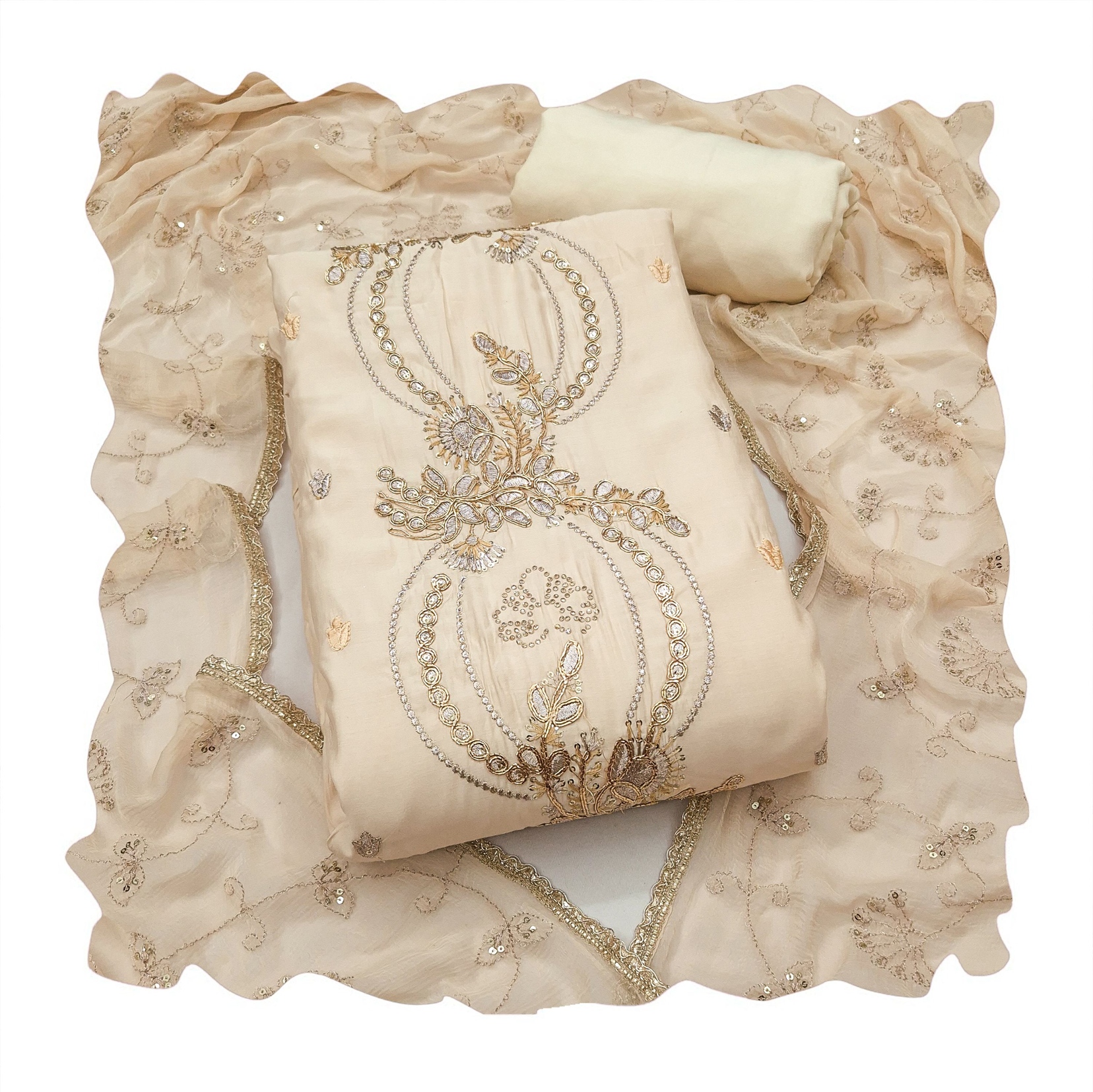 Cream Embroidered Chanderi Straight Suit — alternate view