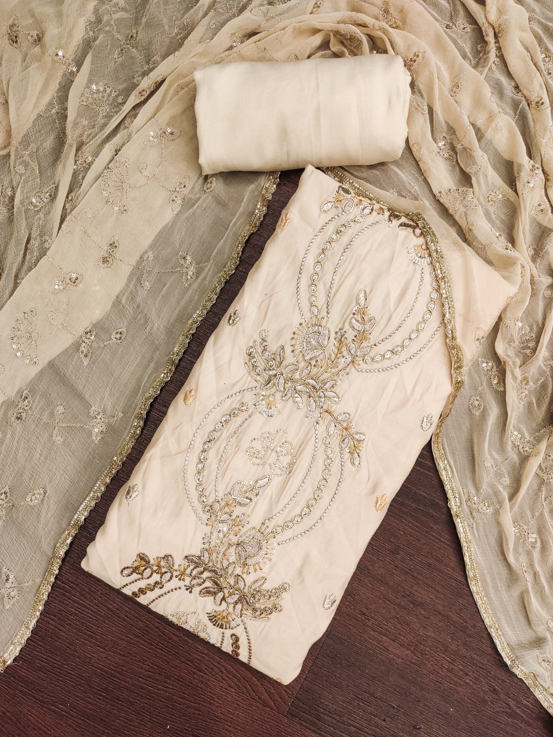 Cream Embroidered Chanderi Straight Suit