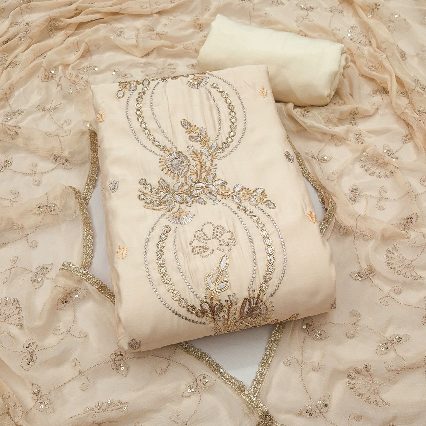 Cream Embroidered Chanderi Straight Suit