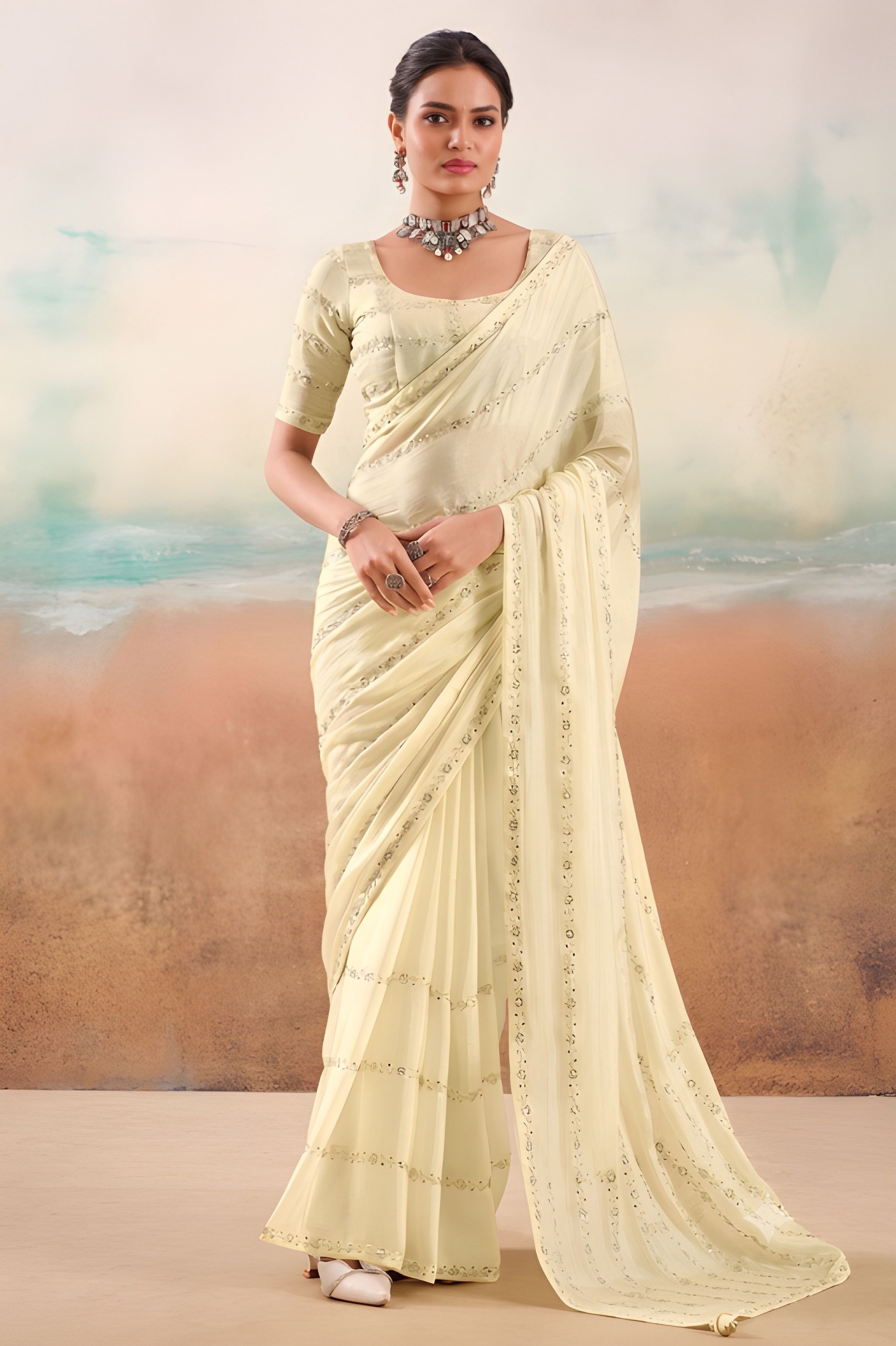 Cream Embroidered Chiffon Designer Saree