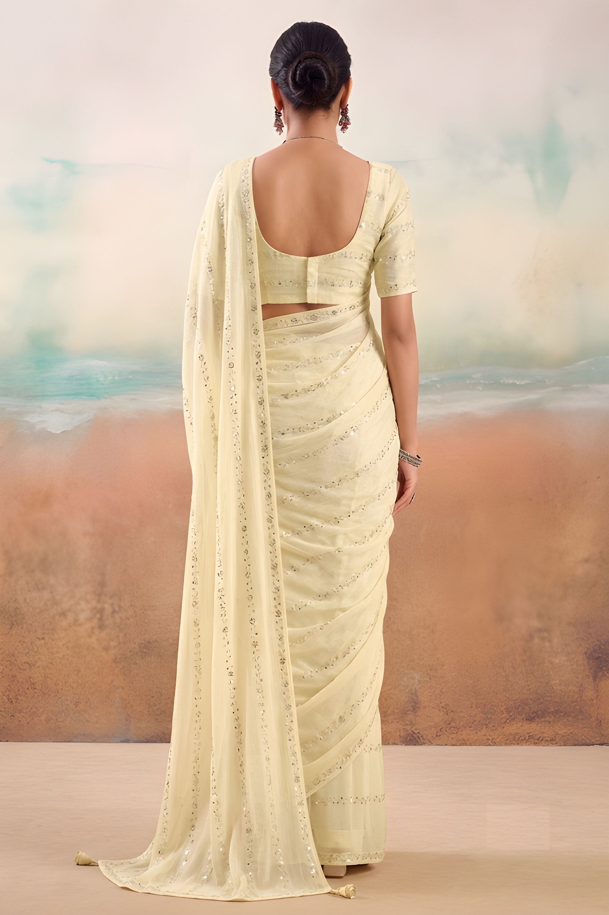 Cream Embroidered Chiffon Designer Saree — alternate view