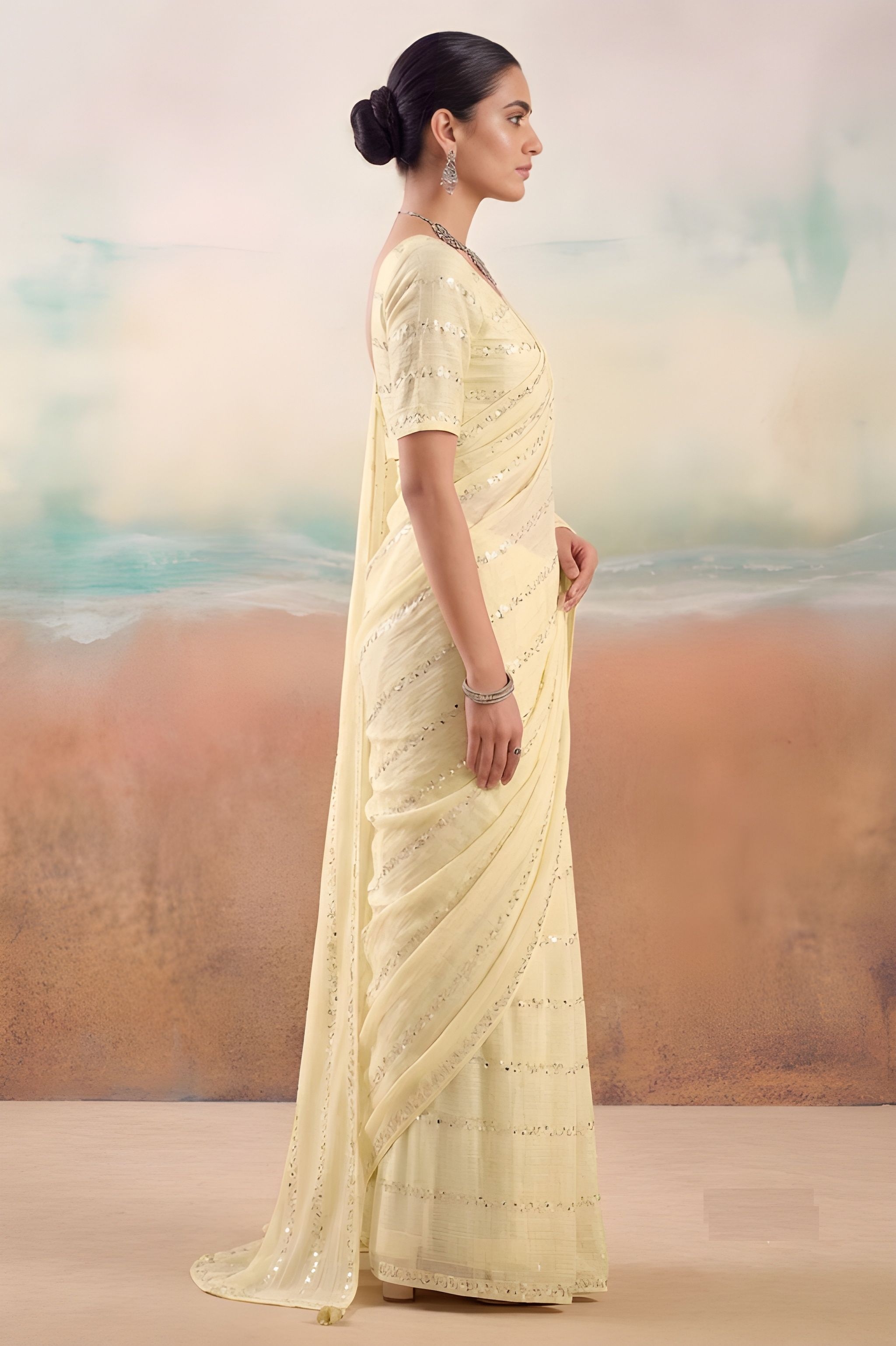 Cream Embroidered Chiffon Designer Saree