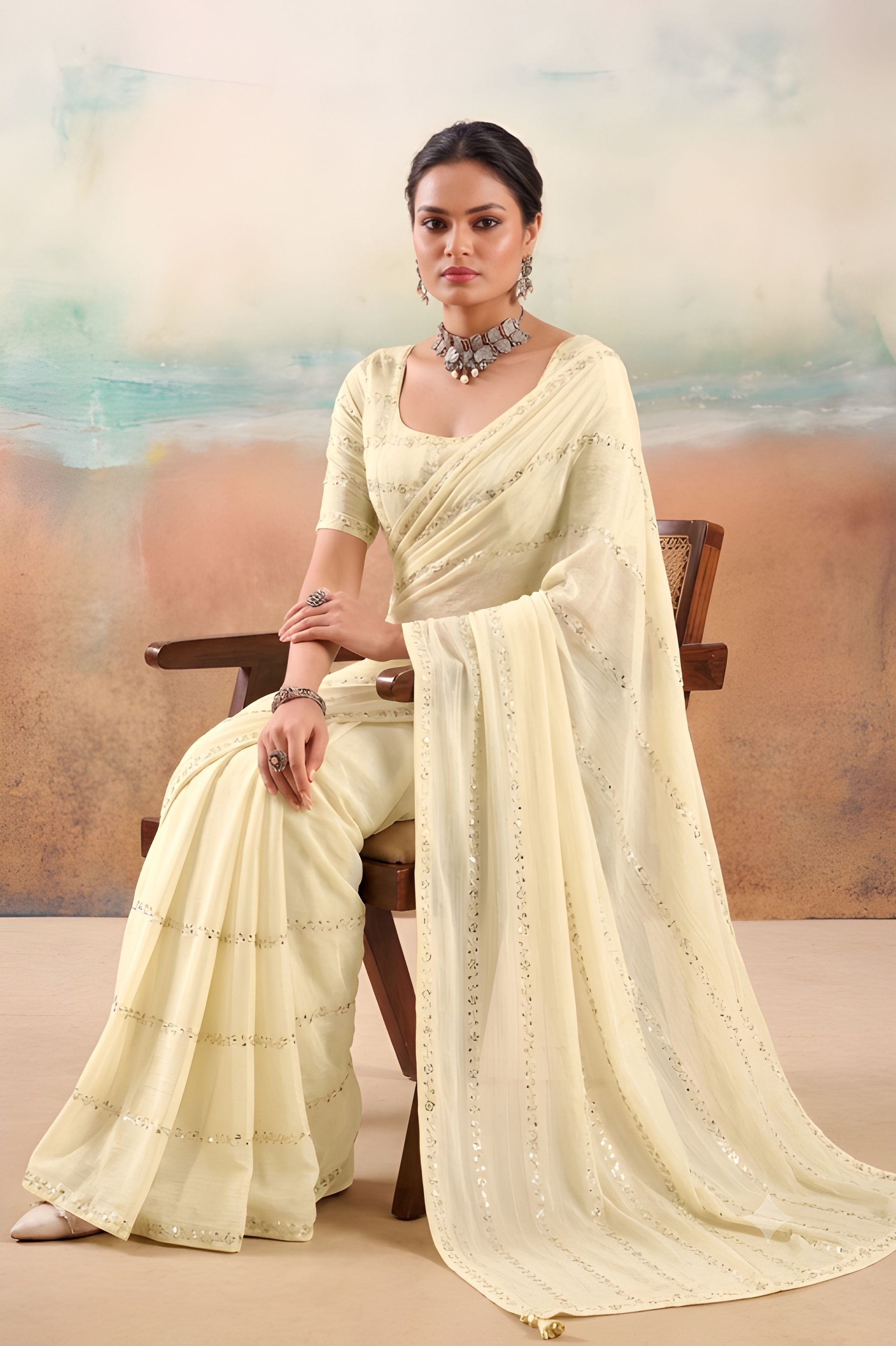 Cream Embroidered Chiffon Designer Saree