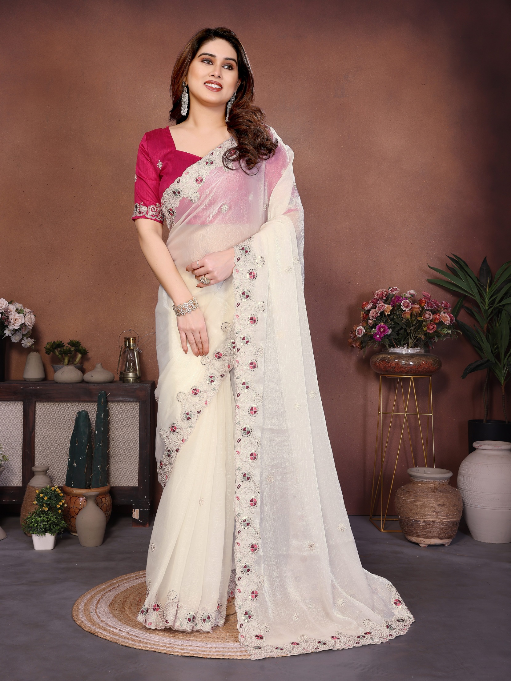 Cream Embroidered Fendy Chiffon Festive Saree
