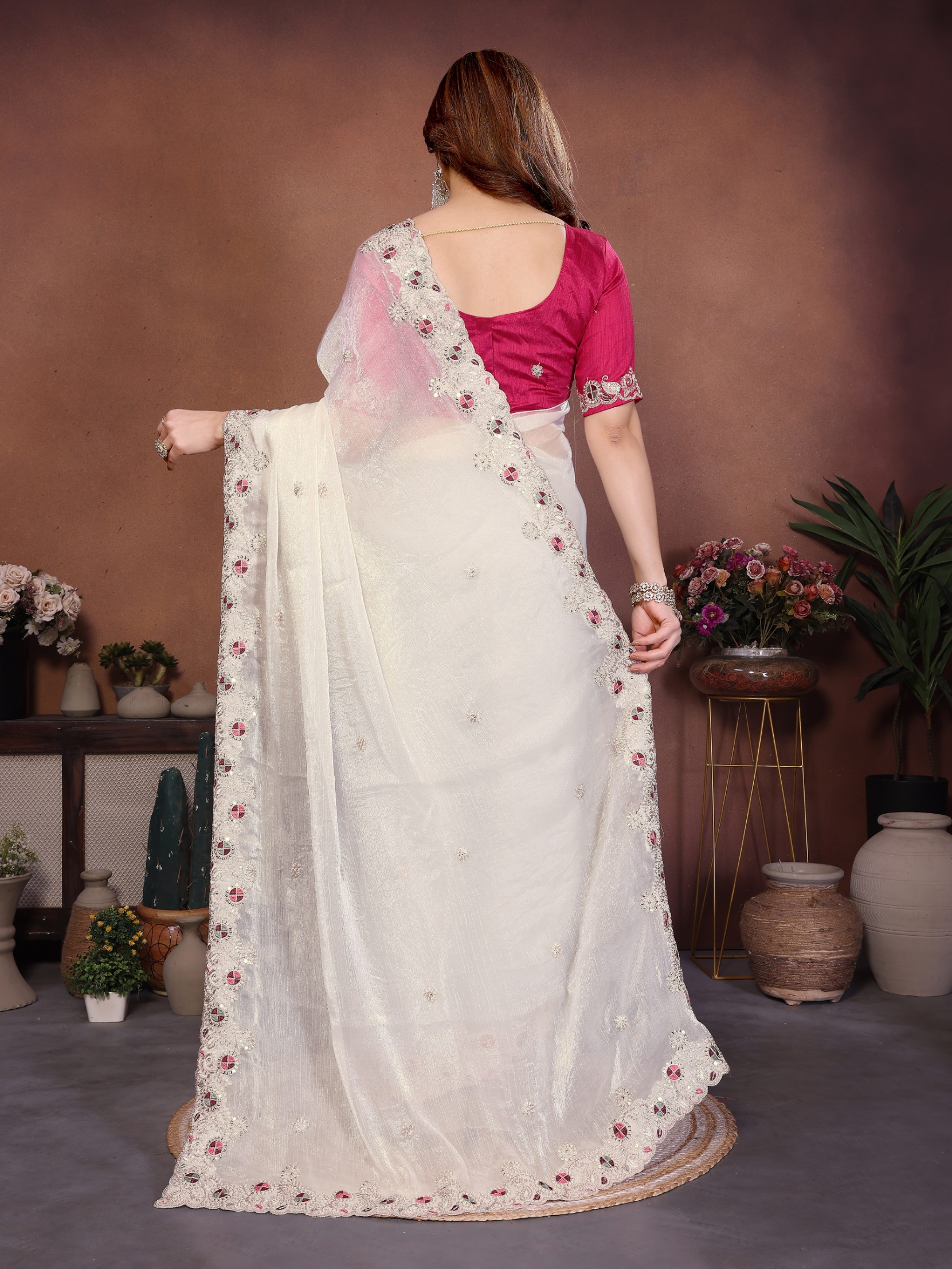 Cream Embroidered Fendy Chiffon Festive Saree — alternate view