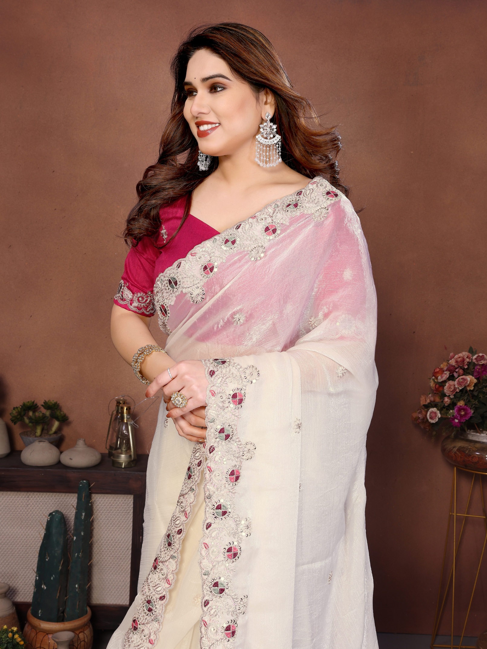 Cream Embroidered Fendy Chiffon Festive Saree