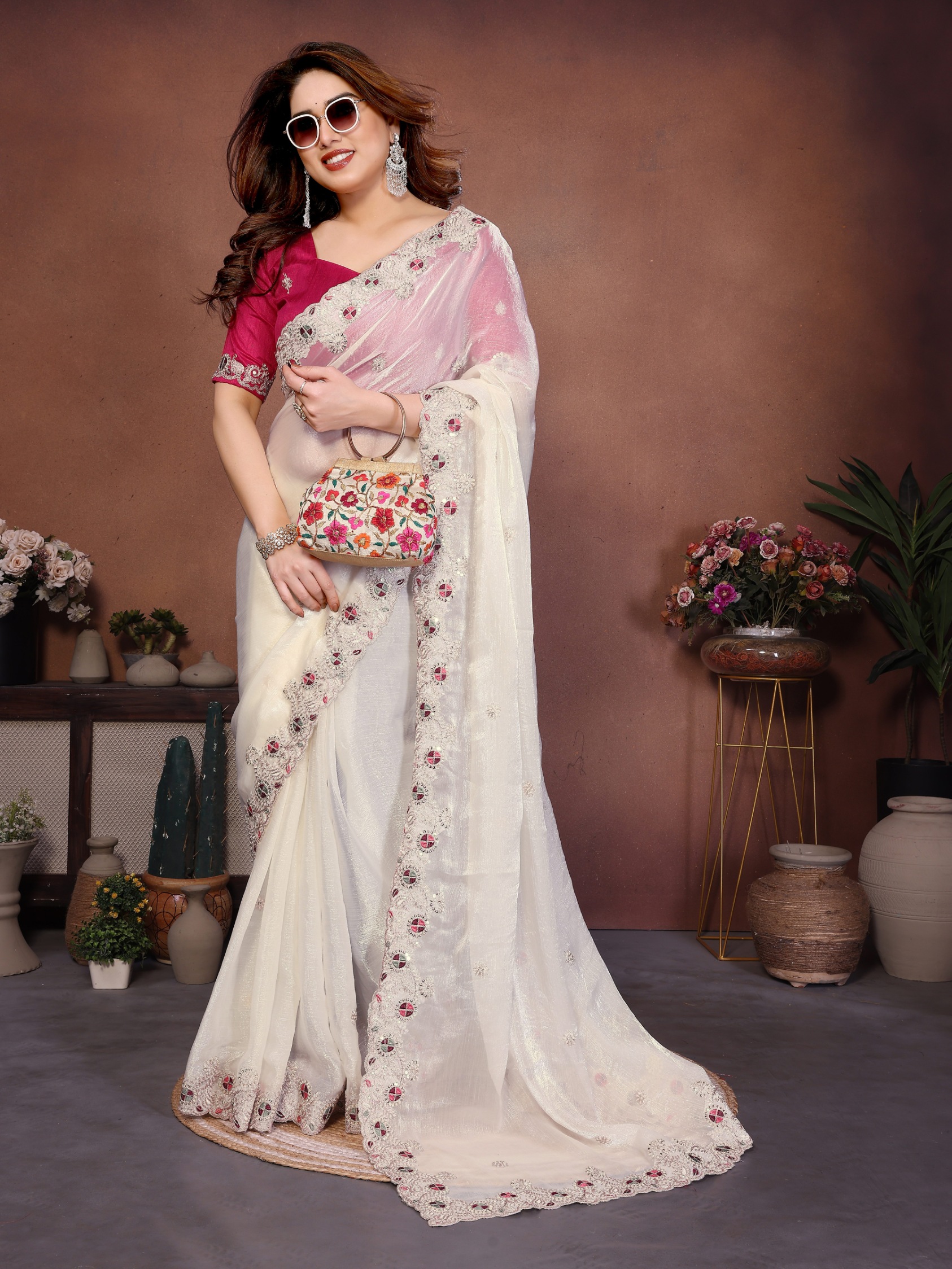 Cream Embroidered Fendy Chiffon Festive Saree