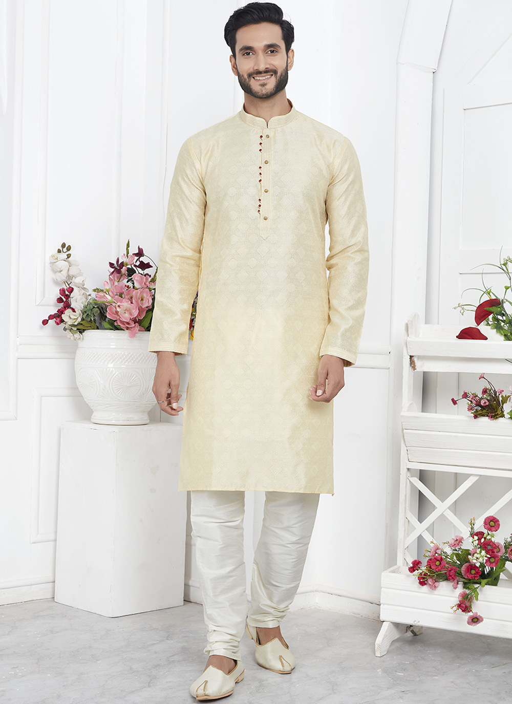 Cream Embroidered Kurta Pyjama