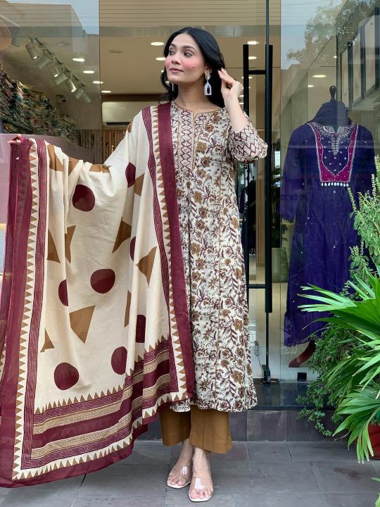 Cream Embroidered Magic Cotton Anarkali Suit