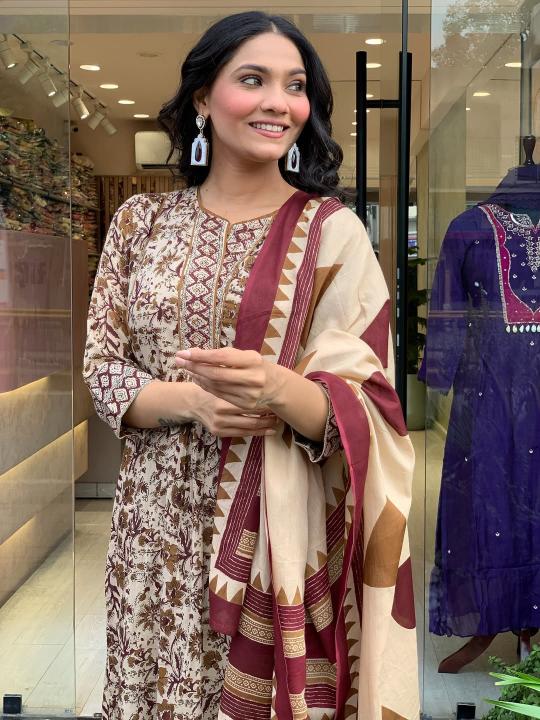 Cream Embroidered Magic Cotton Anarkali Suit — alternate view
