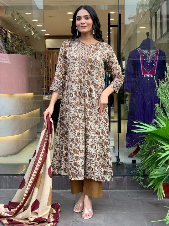 Cream Embroidered Magic Cotton Anarkali Suit