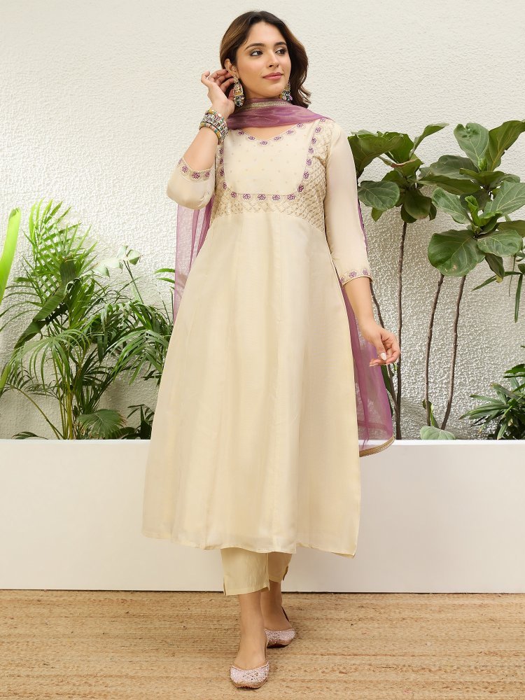 Cream Embroidered Silk Blend Anarkali Suit