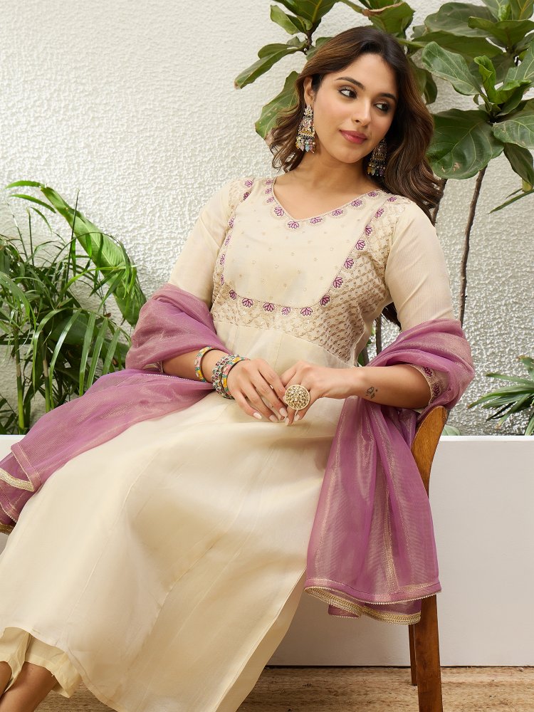 Cream Embroidered Silk Blend Anarkali Suit