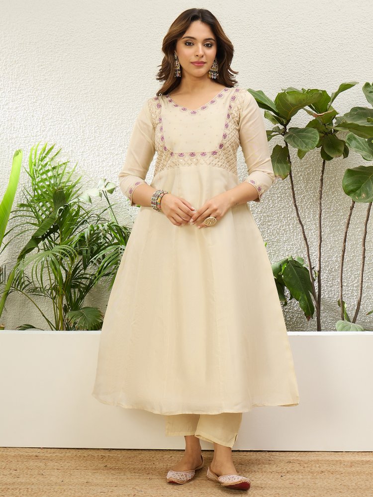Cream Embroidered Silk Blend Anarkali Suit