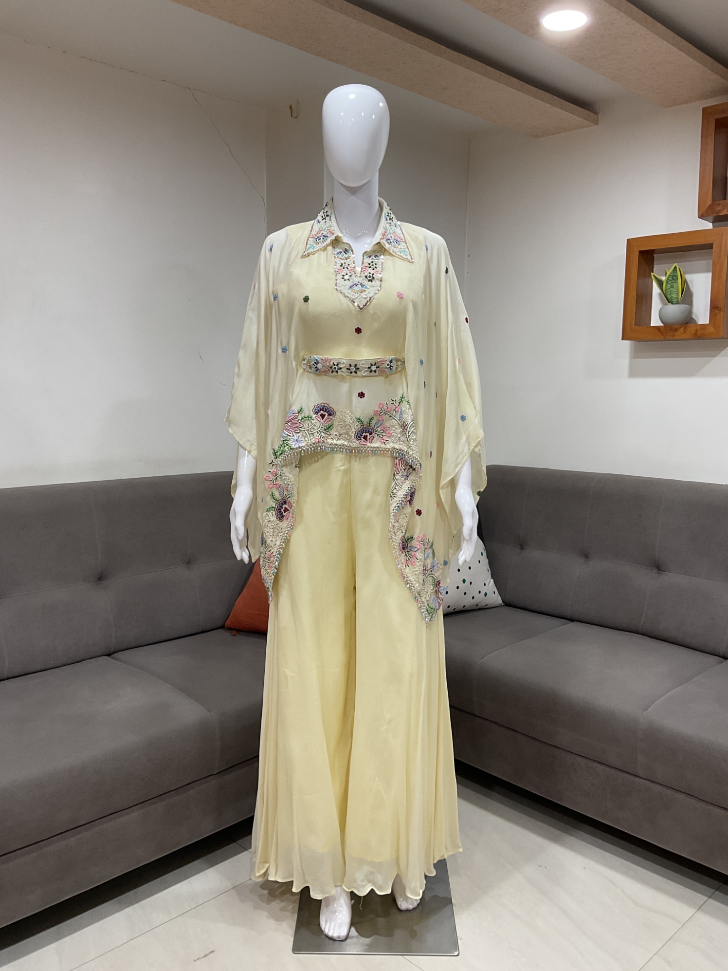 Cream Embroidered Viscose Chinon Kaftan Co-ord Set — alternate view