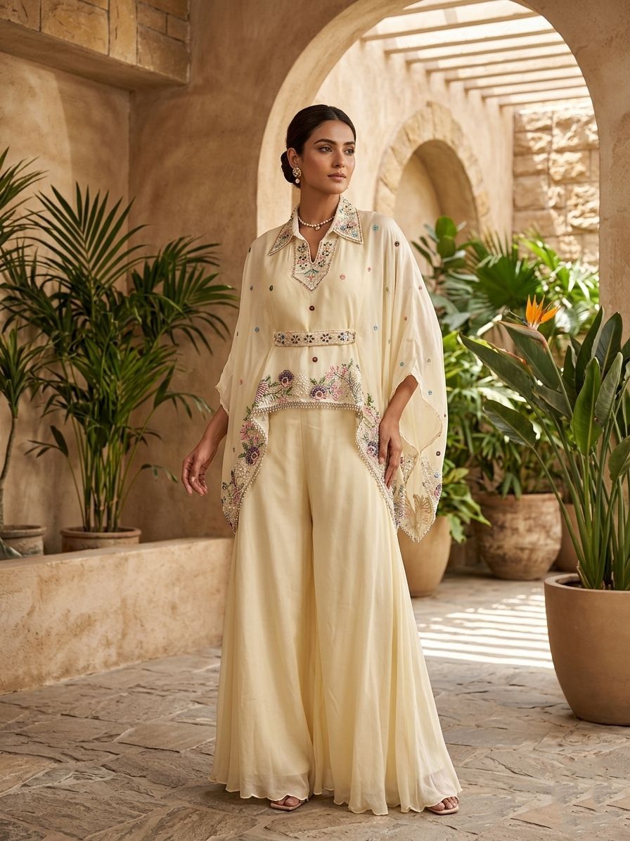 Cream Embroidered Viscose Chinon Kaftan Co-ord Set