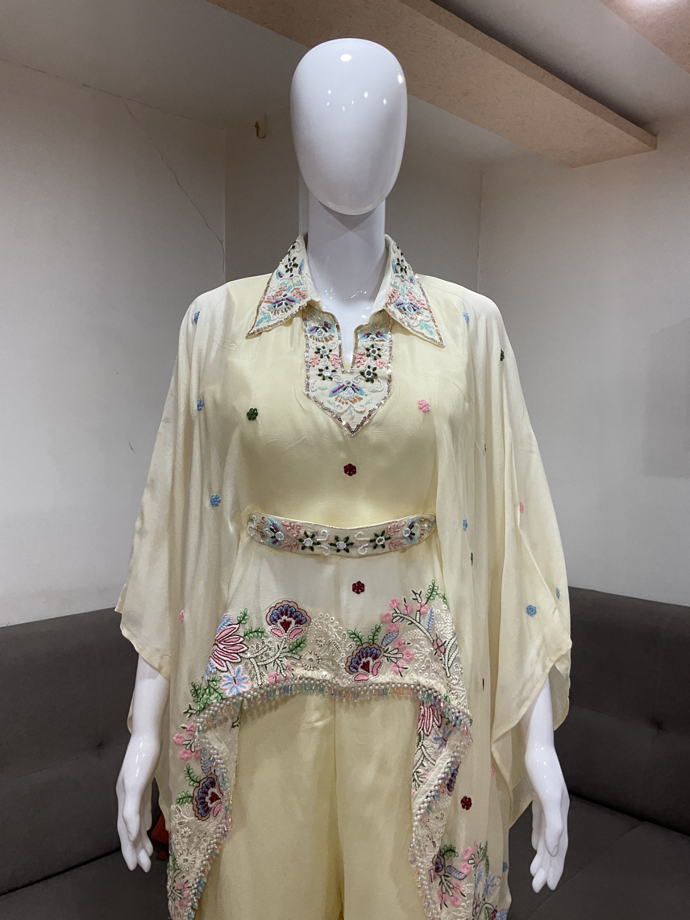 Cream Embroidered Viscose Chinon Kaftan Co-ord Set