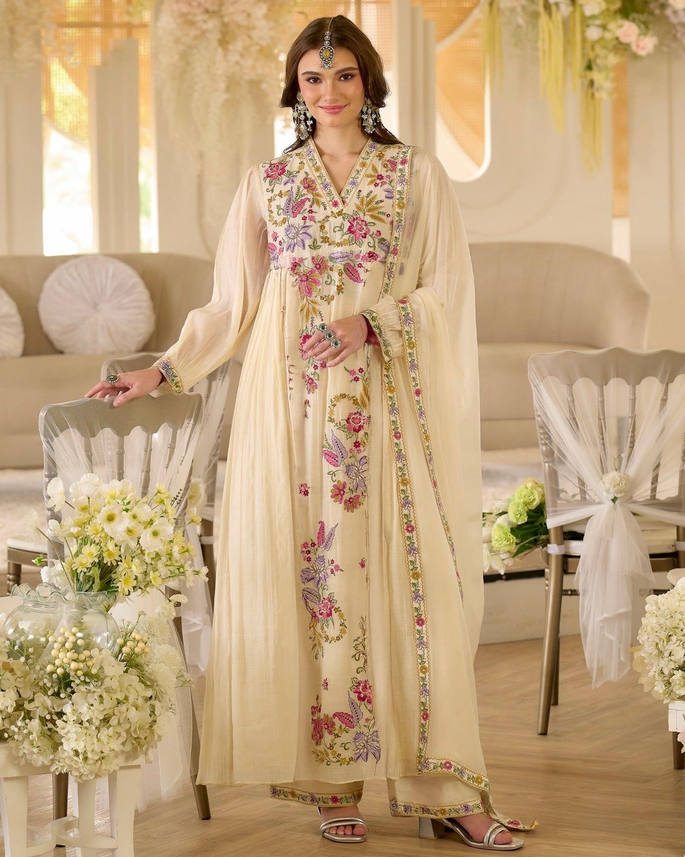Cream Embroidery Georgette Sharara Suit
