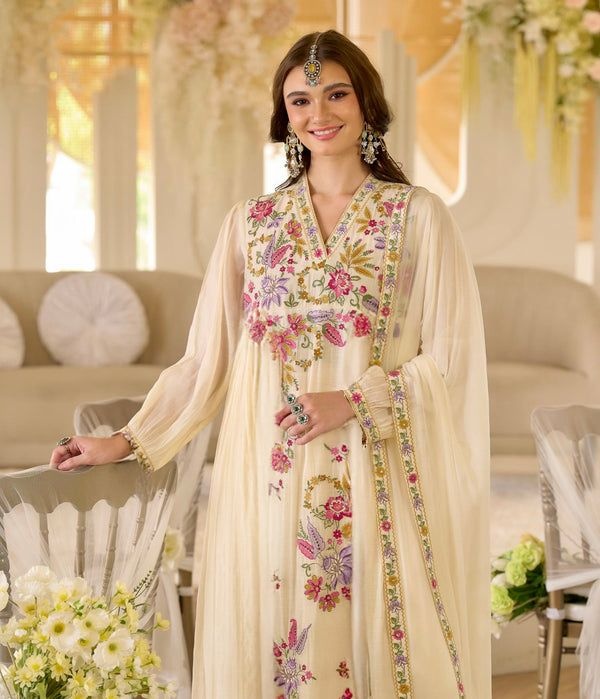 Cream Embroidery Georgette Sharara Suit