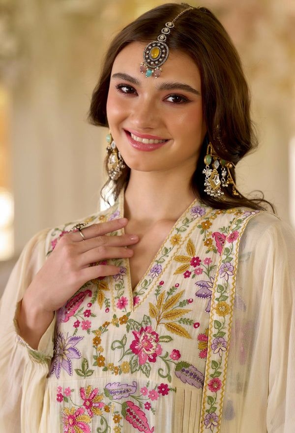 Cream Embroidery Georgette Sharara Suit