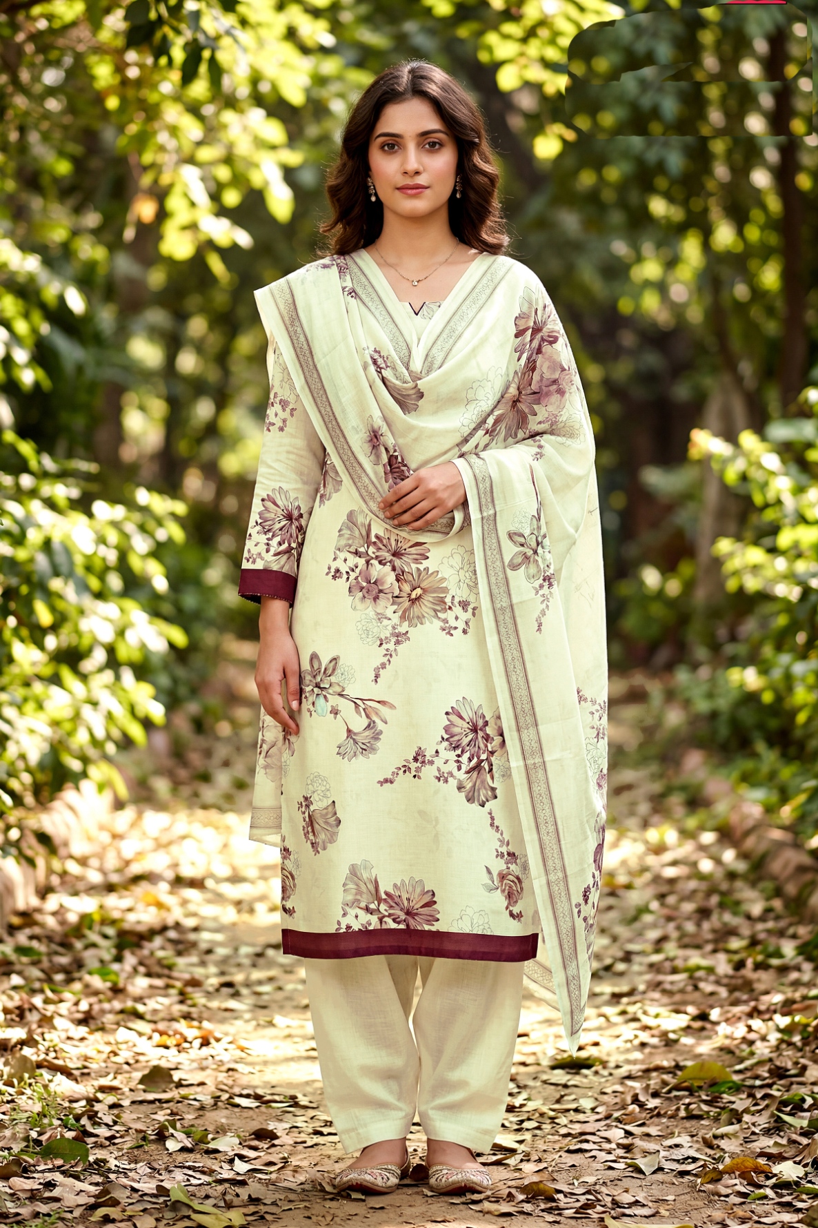 Cream Ethnic Motif Digital Cambric A-Line Salwar Suit