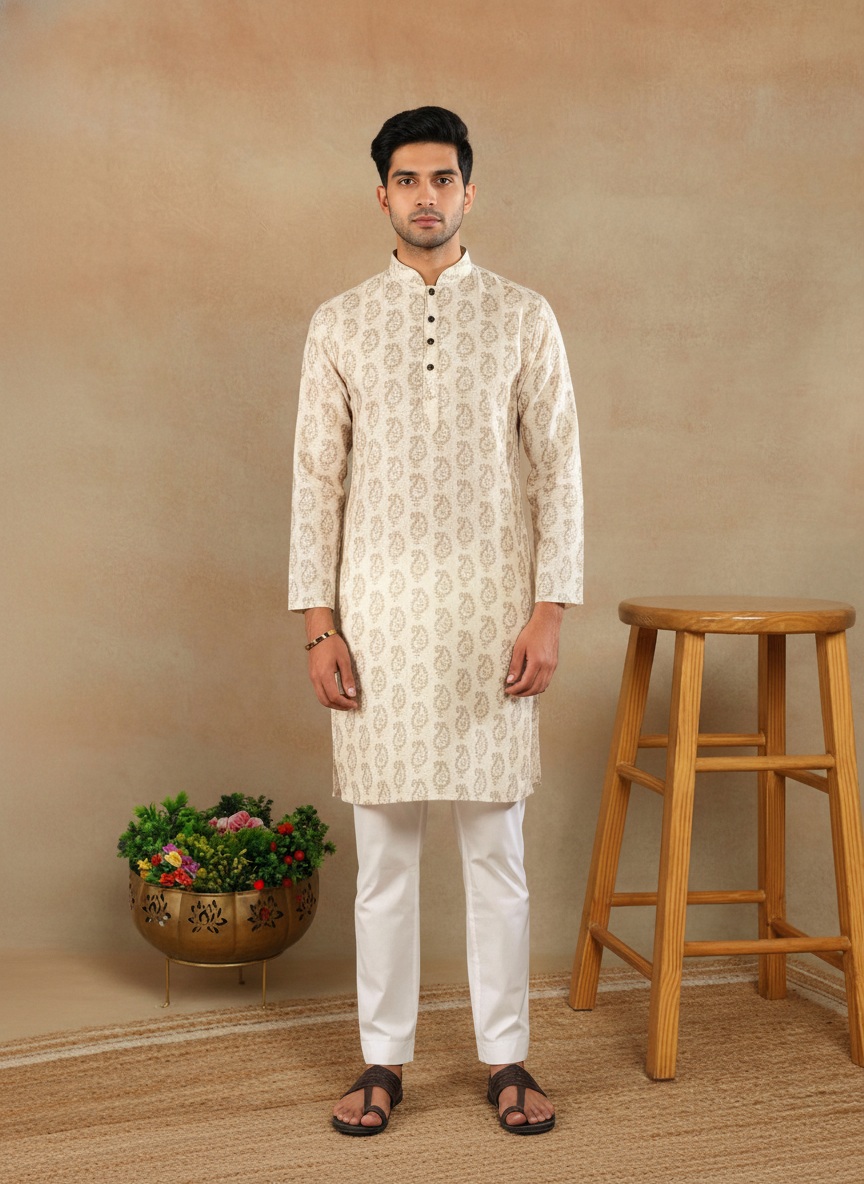 Cream Ethnic Motif Printed Linen Kurta Pyjama
