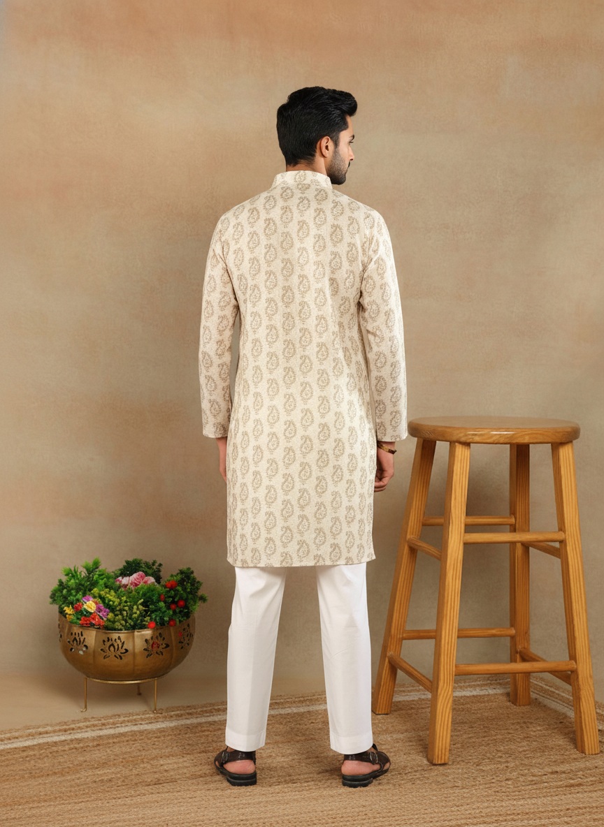 Cream Ethnic Motif Printed Linen Kurta Pyjama — alternate view