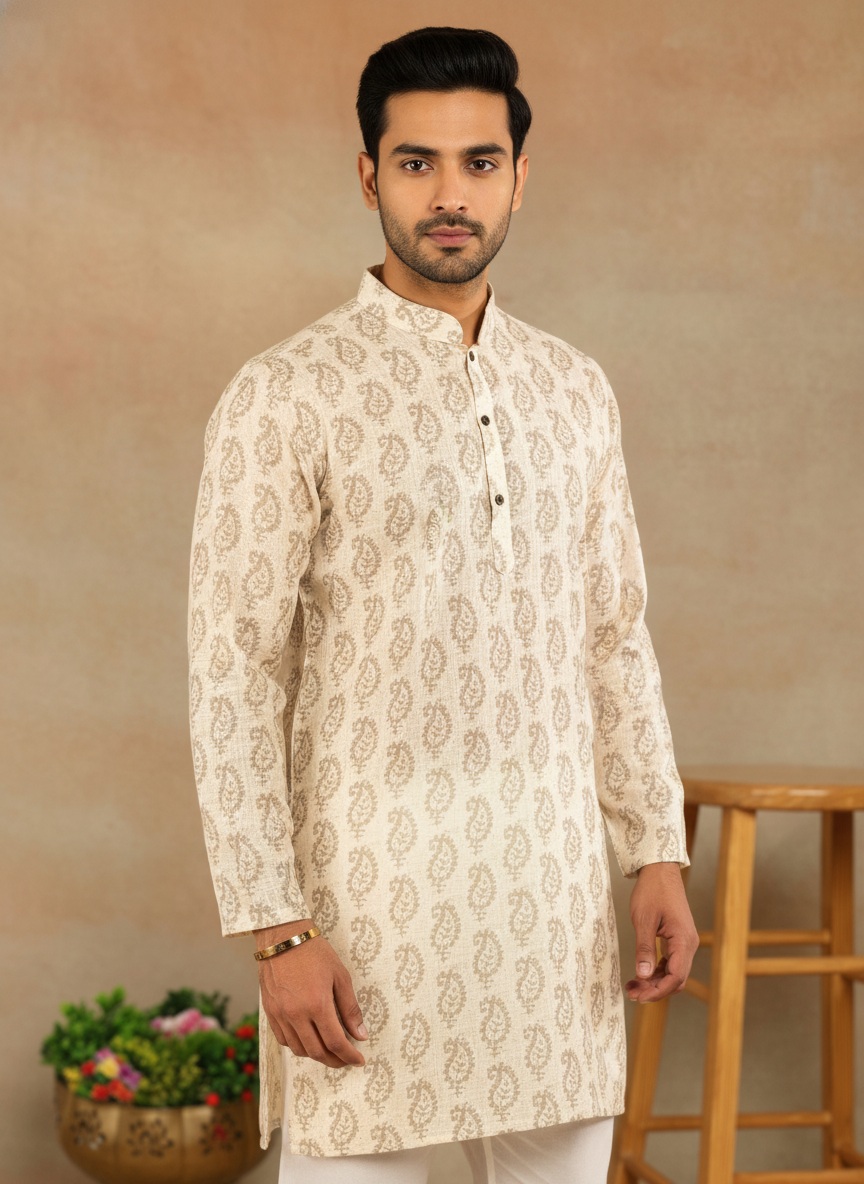 Cream Ethnic Motif Printed Linen Kurta Pyjama