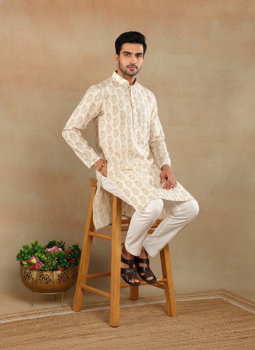 Cream Ethnic Motif Printed Linen Kurta Pyjama