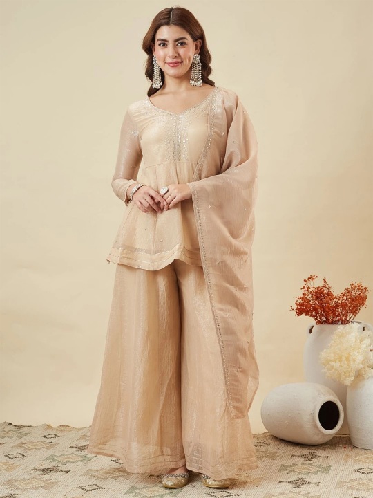 Cream Festive Threadwork Sharara Suit