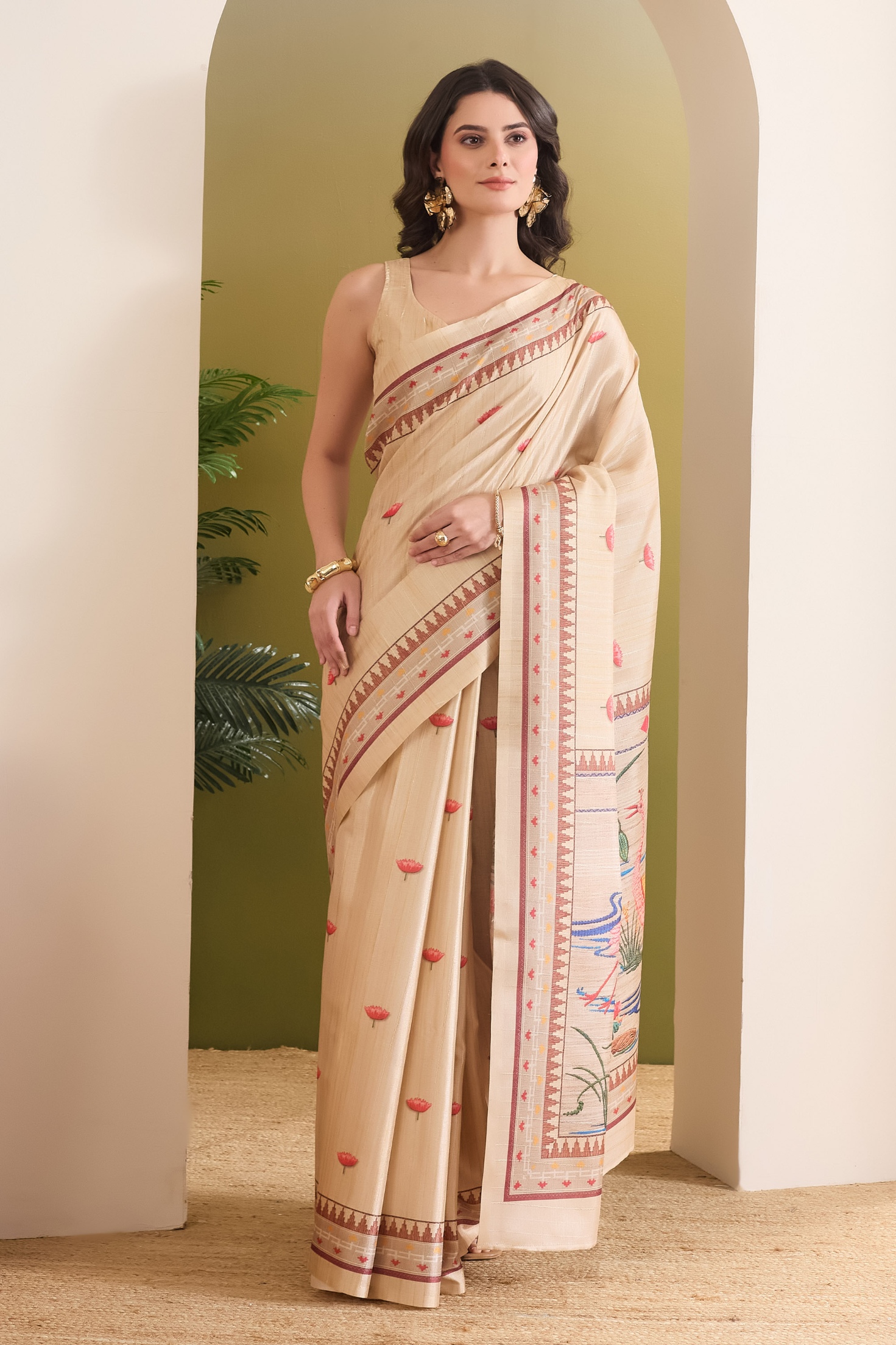 Cream Floral Designer Printed Silk Blend Ready To Wear Saree