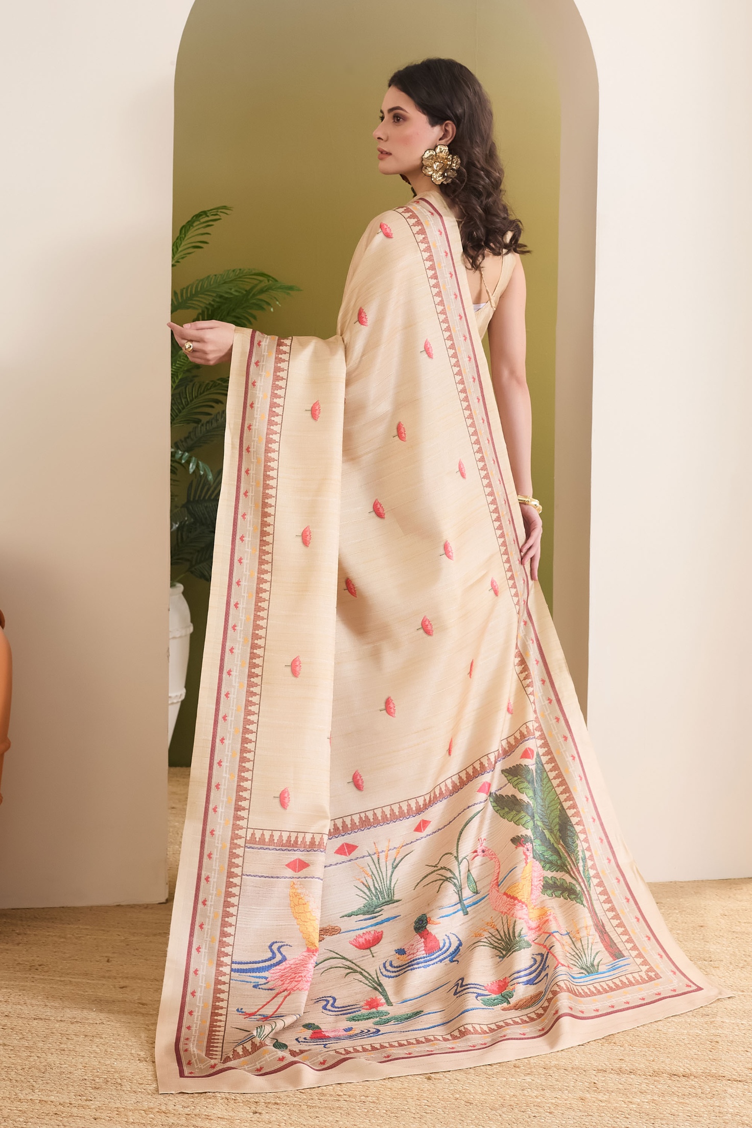 Cream Floral Designer Printed Silk Blend Ready To Wear Saree — alternate view