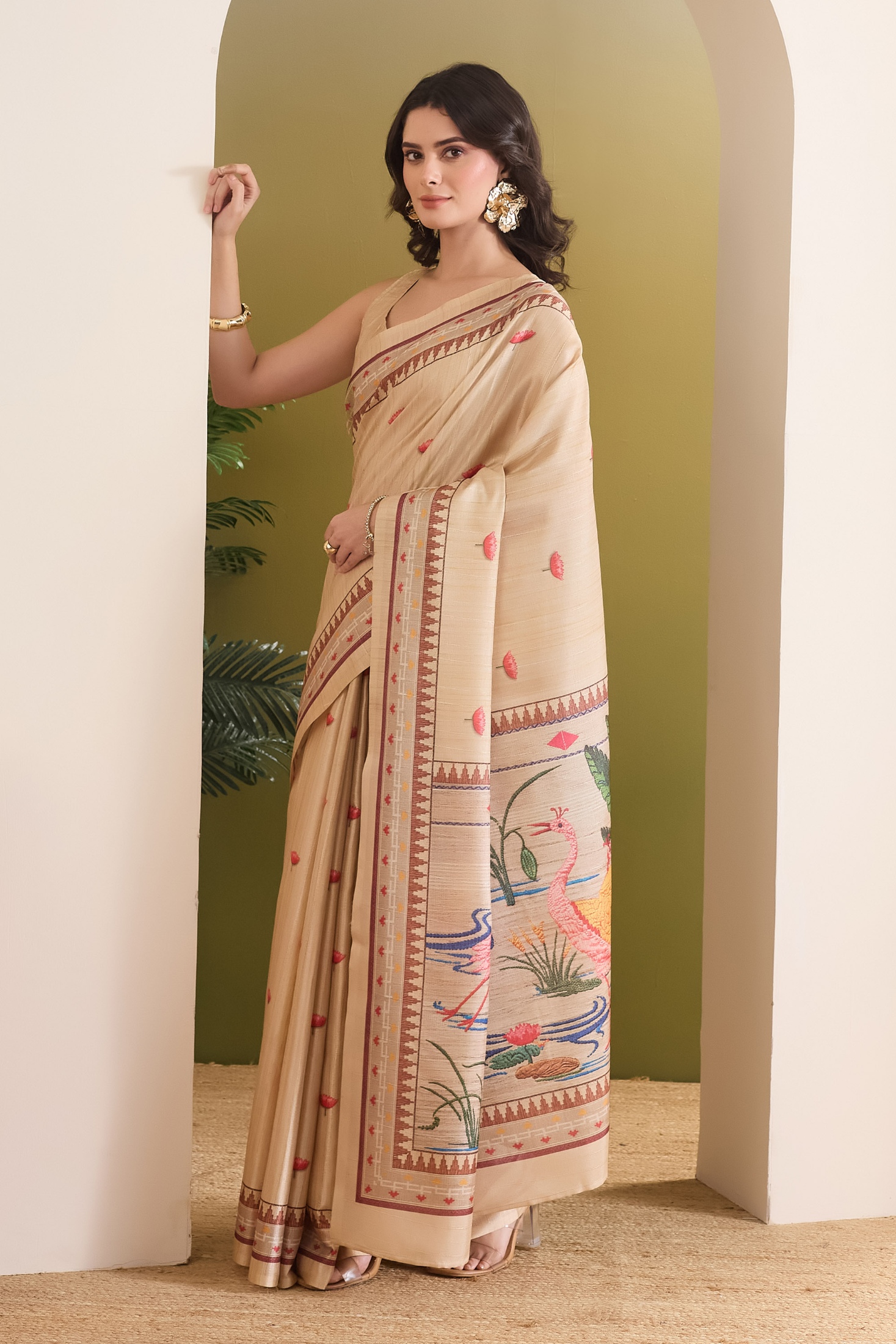 Cream Floral Designer Printed Silk Blend Ready To Wear Saree