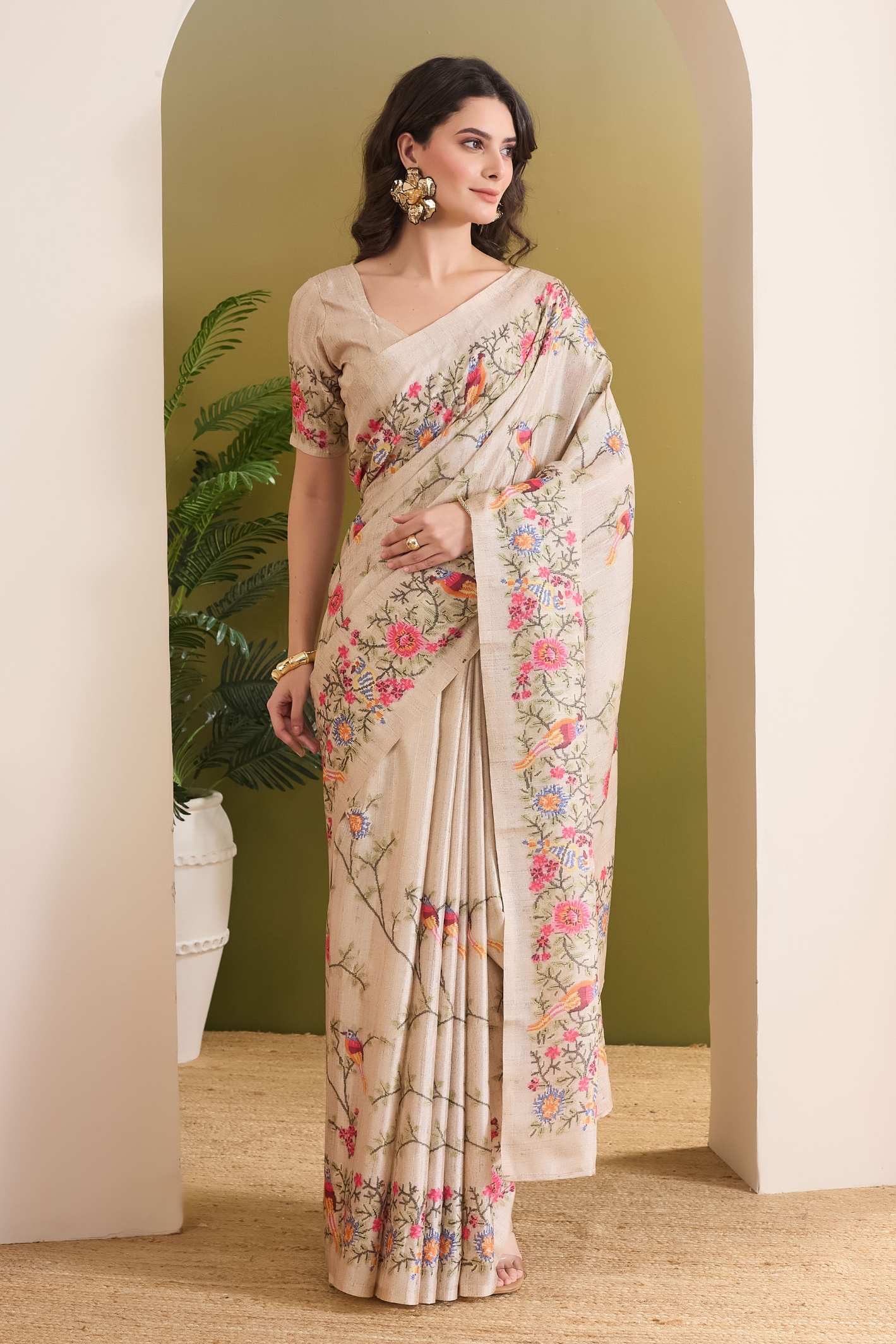 Cream Floral Designer Printed Silk Blend U Neck Ready To Wear Saree