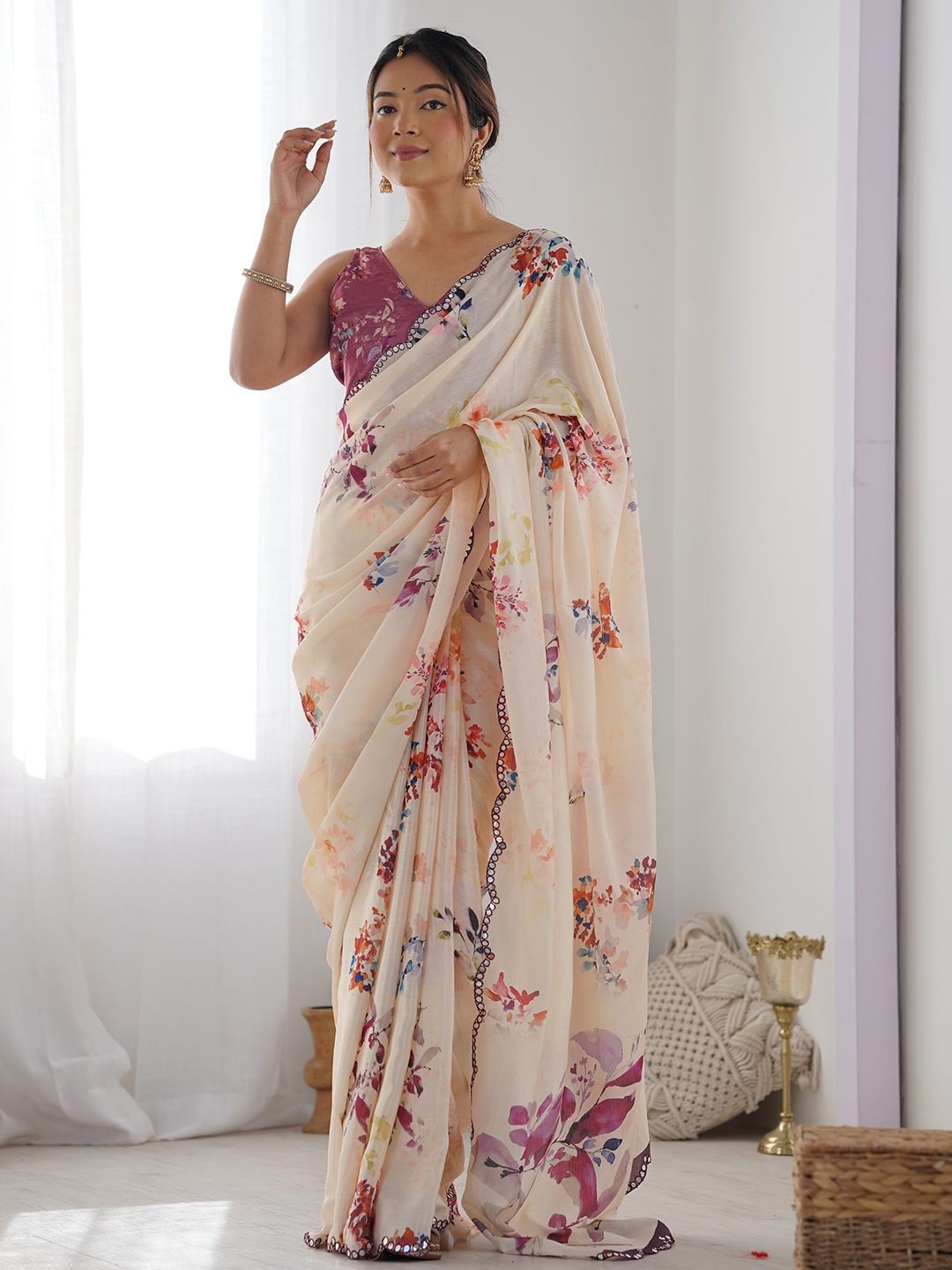 Cream Floral Digital Print Georgette Saree