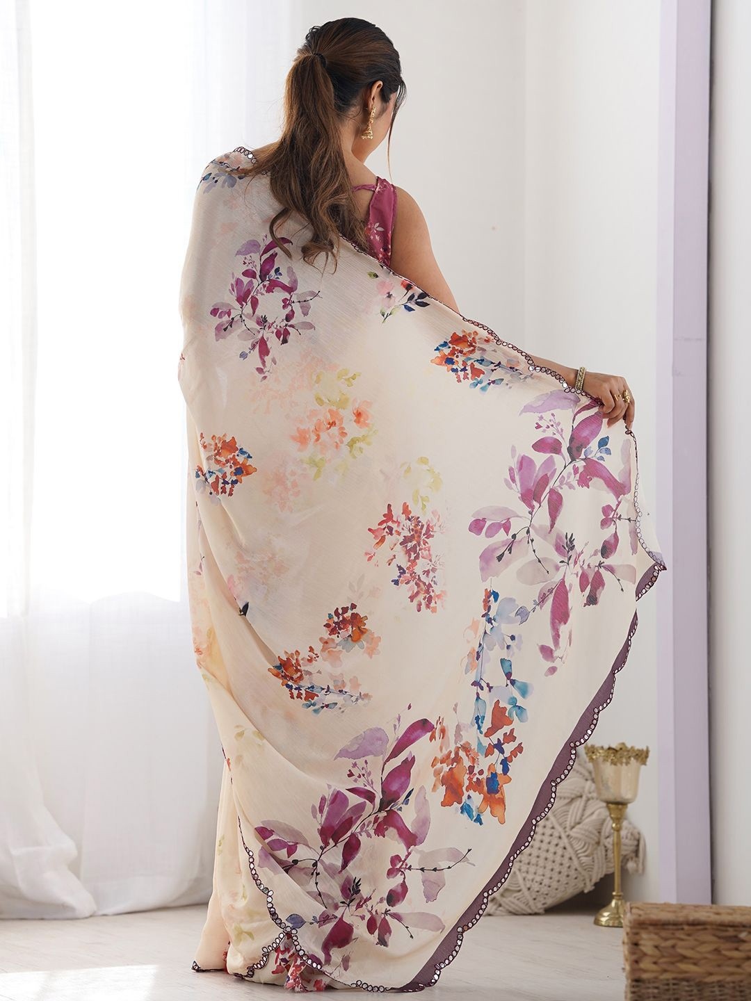Cream Floral Digital Print Georgette Saree — alternate view
