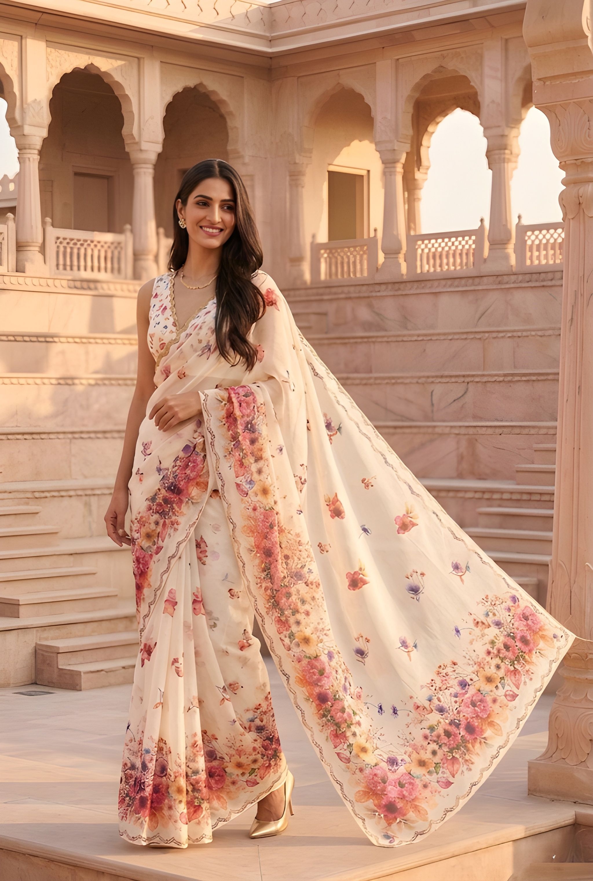 Cream Floral Drsigner Printed Silver Cotton Saree