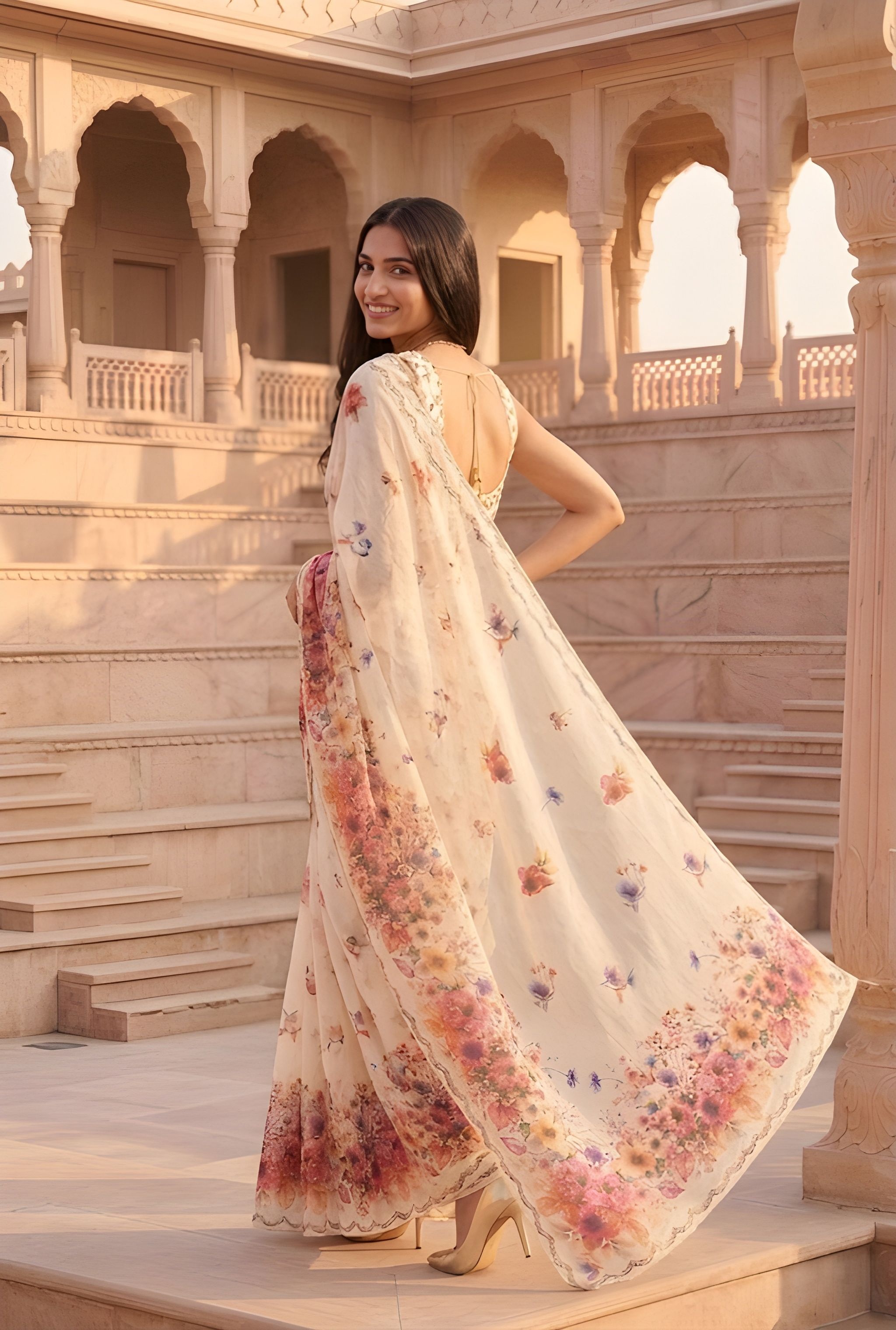 Cream Floral Drsigner Printed Silver Cotton Saree — alternate view