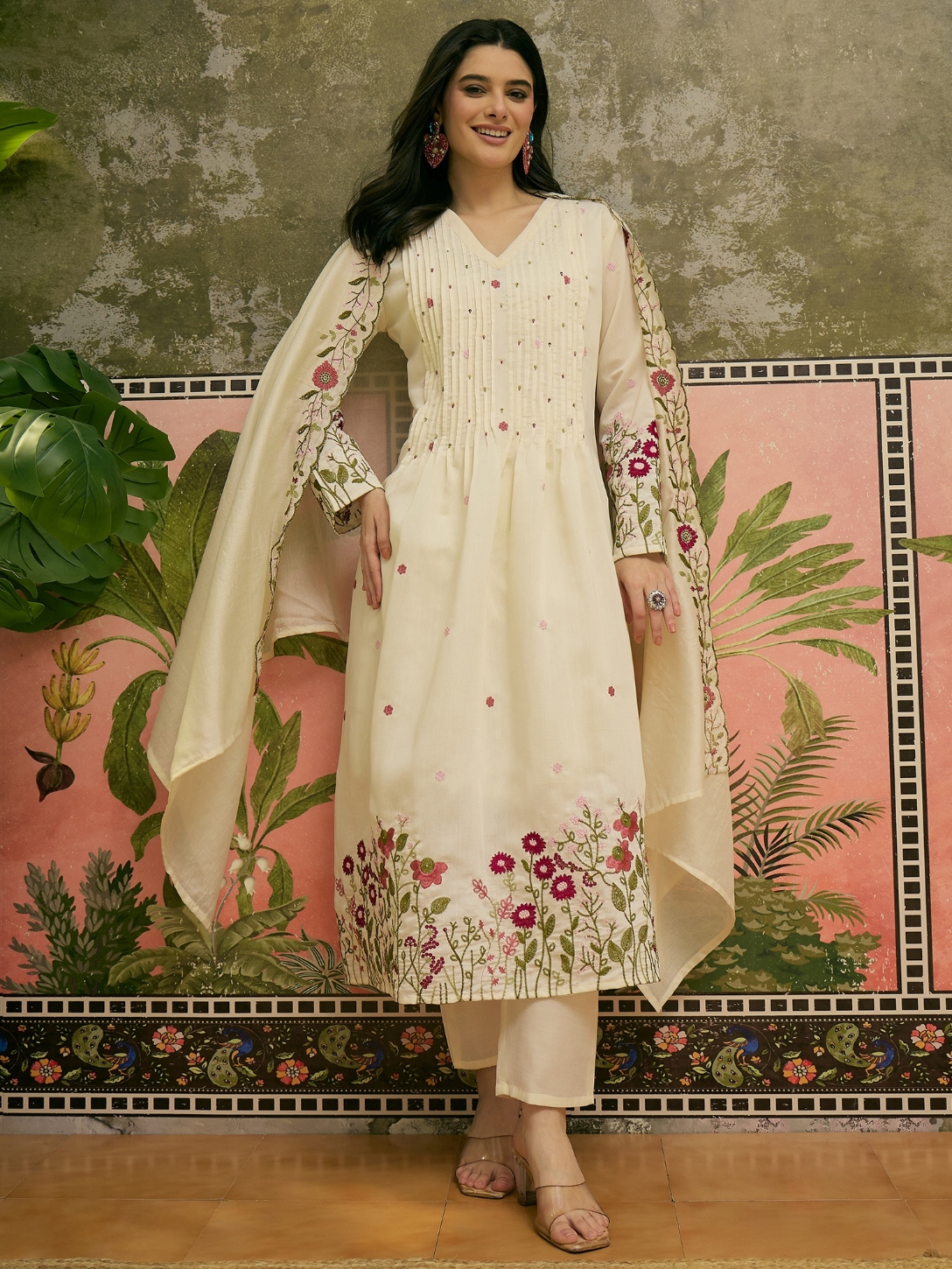 Cream Floral Embroidered Chanderi Silk Anarkali Suit