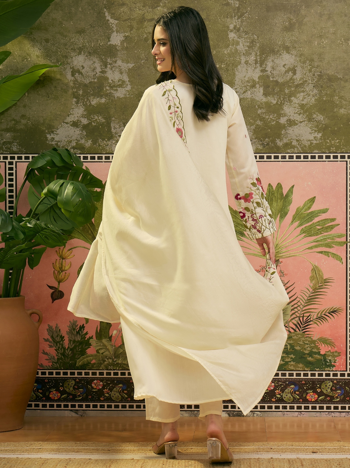 Cream Floral Embroidered Chanderi Silk Anarkali Suit — alternate view