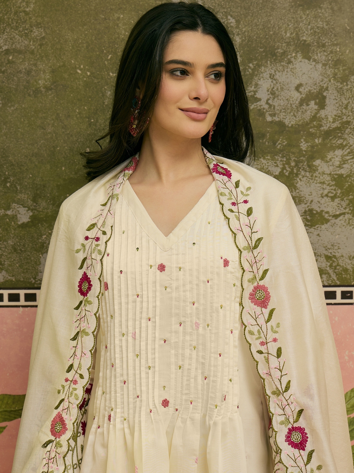 Cream Floral Embroidered Chanderi Silk Anarkali Suit