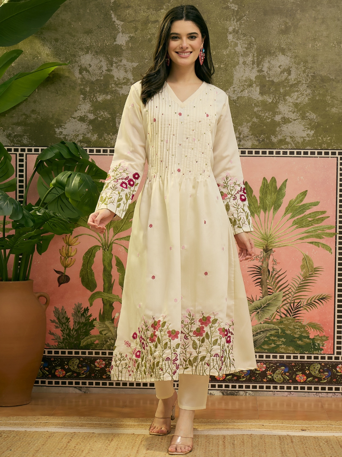 Cream Floral Embroidered Chanderi Silk Anarkali Suit