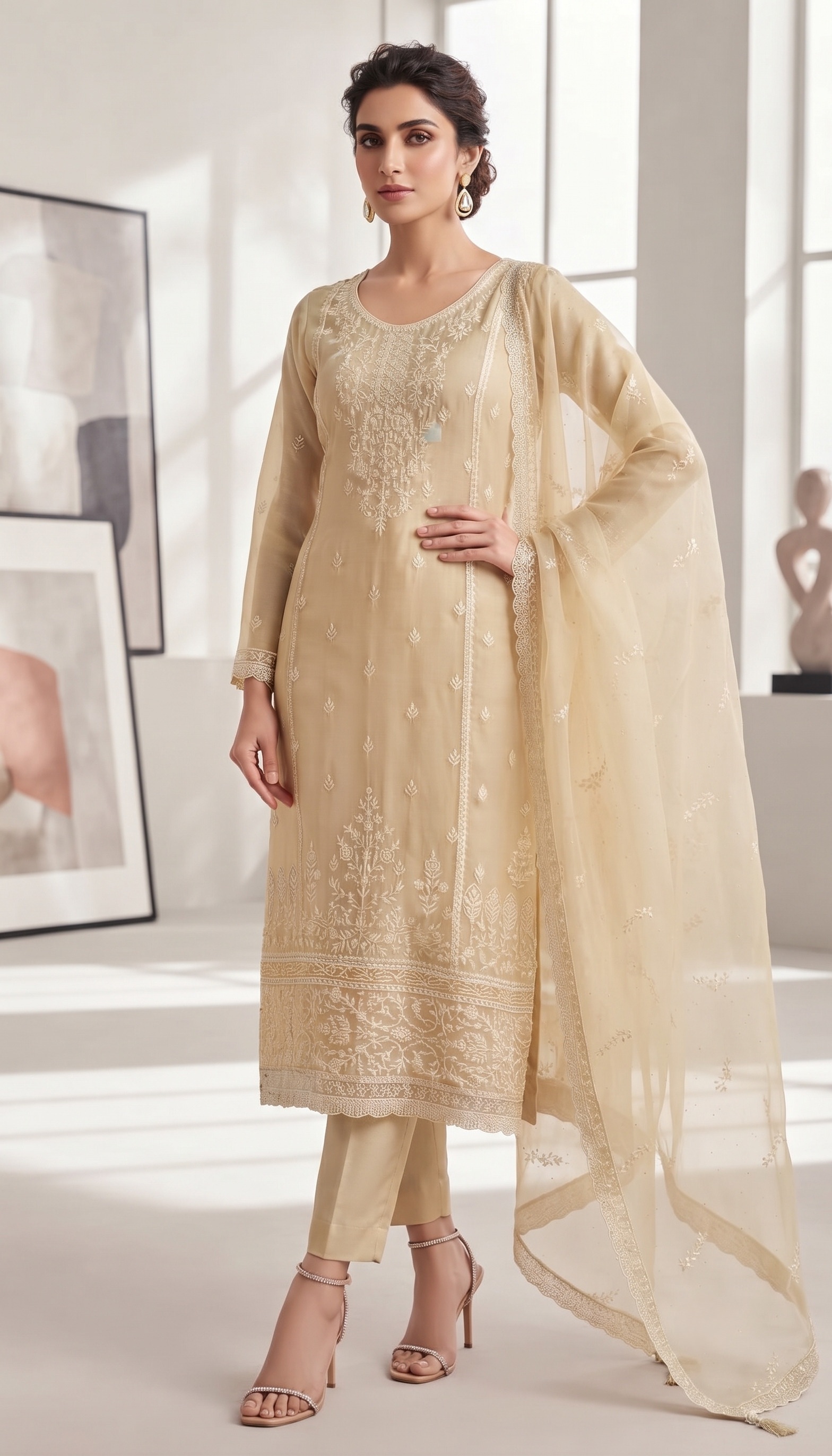 Cream Floral Embroidered Straight Suit