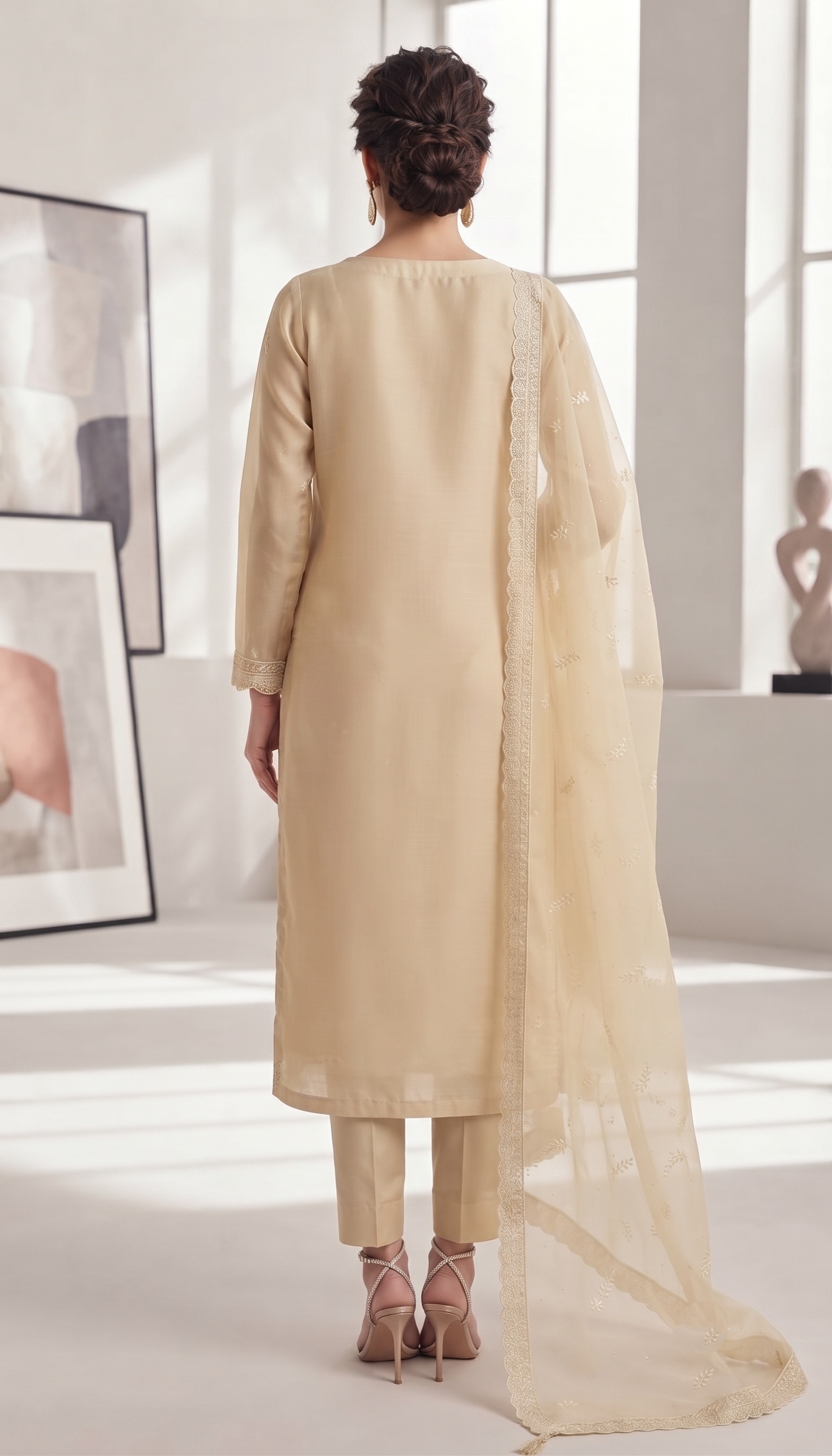 Cream Floral Embroidered Straight Suit