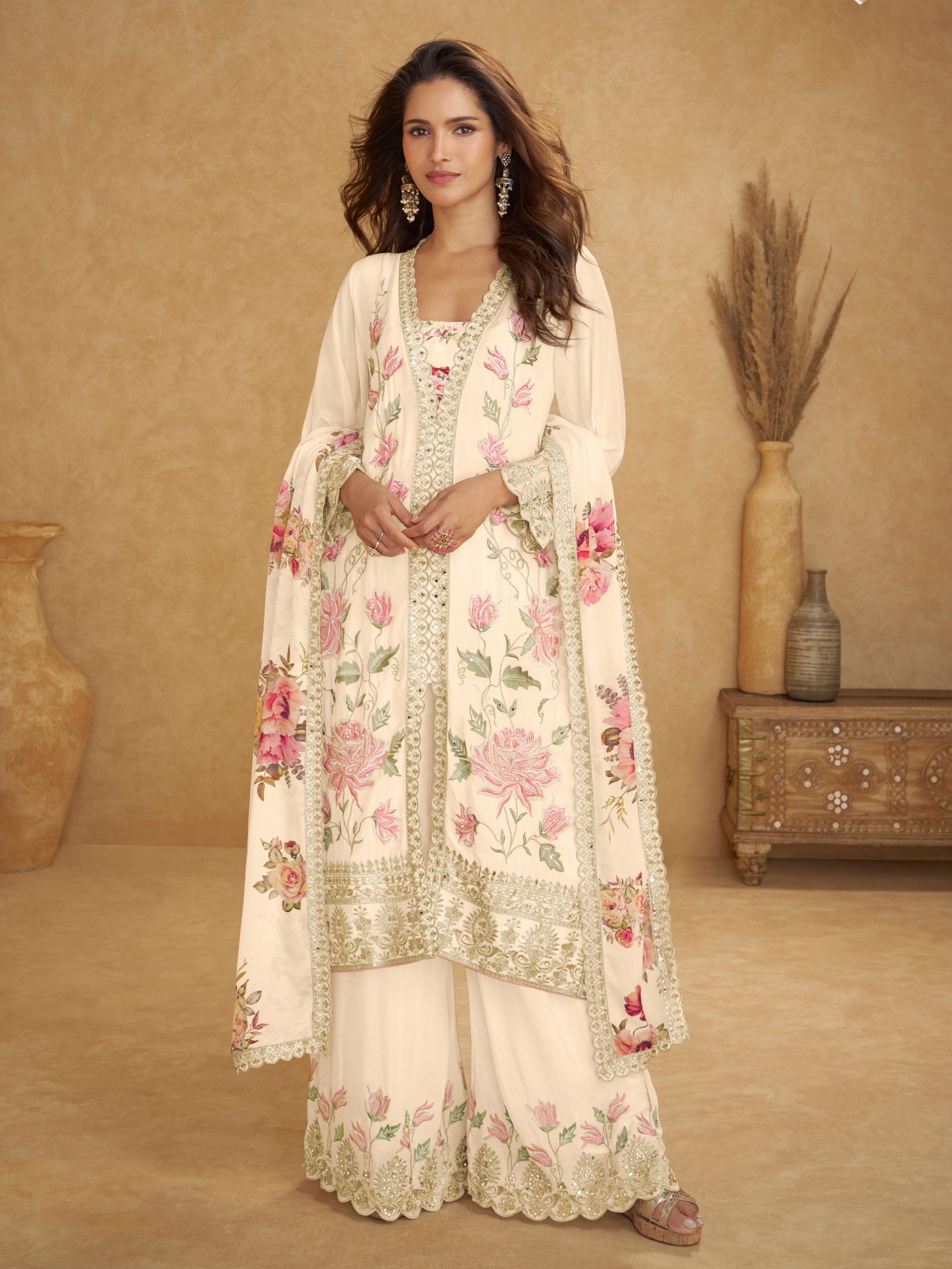 Cream Floral Embroidery Chiffon Palazzo Suit