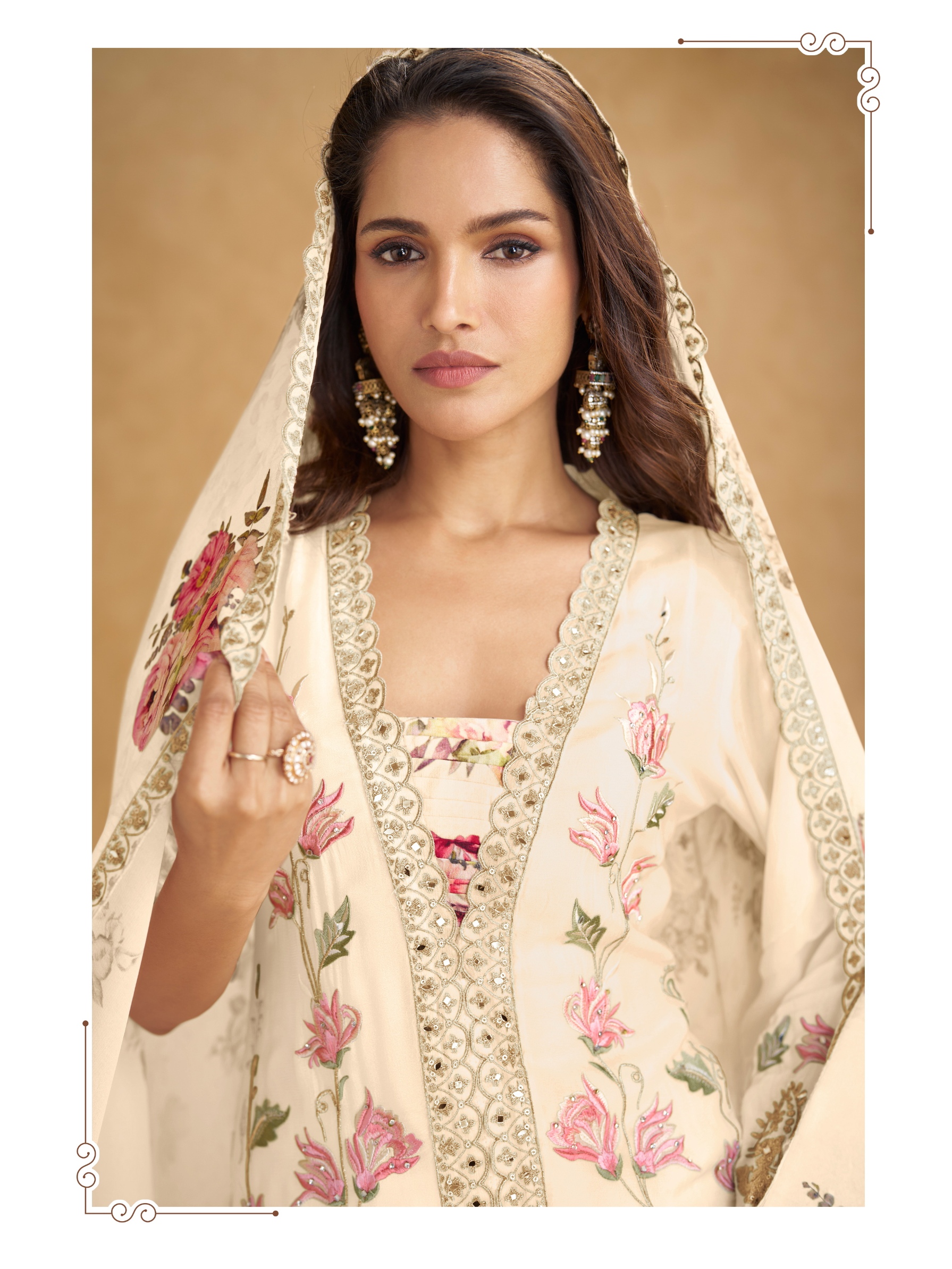 Cream Floral Embroidery Chiffon Palazzo Suit — alternate view