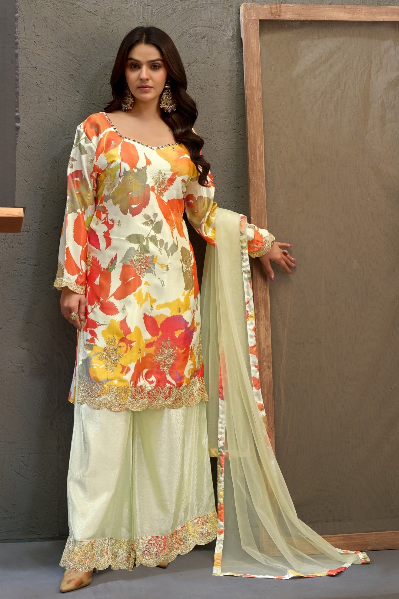 Cream Floral Embroidery Chinon Palazzo Suit